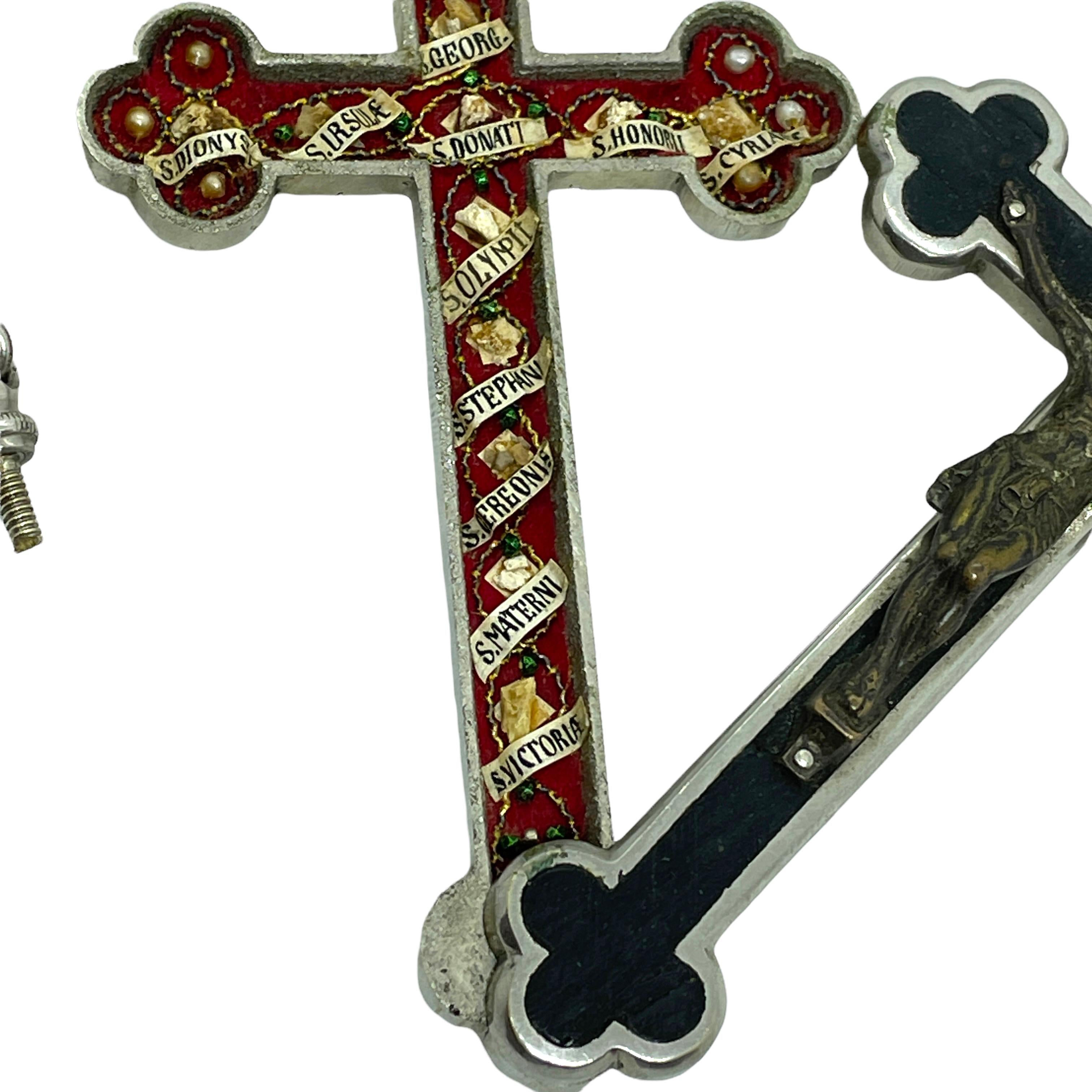 Art Nouveau Antique Catholic Reliquary Box Crucifix Pendant with 12 Relics of Saints