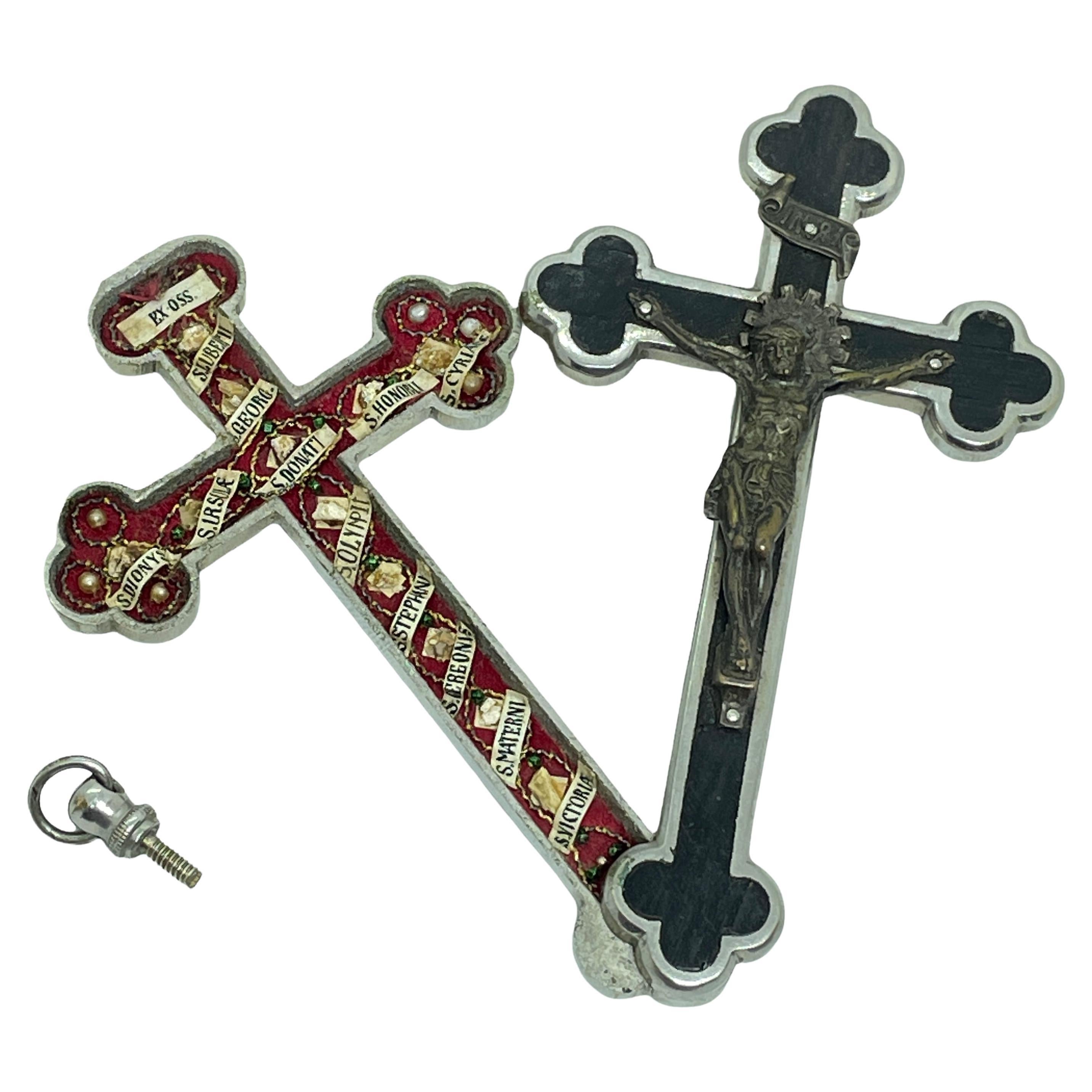 Antique Catholic Reliquary Box Crucifix Pendant with 12 Relics of Saints