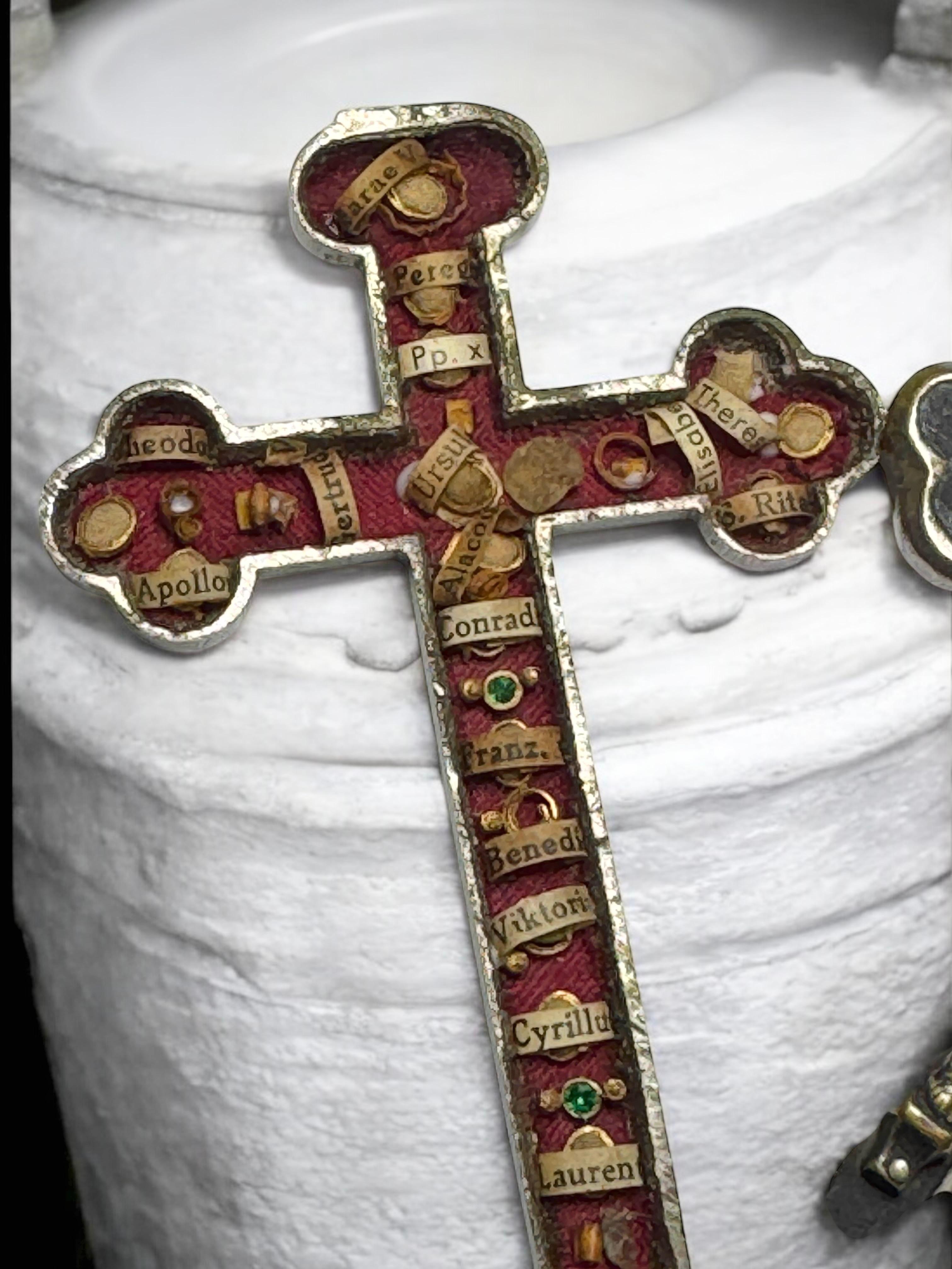 Art Nouveau Antique Catholic Reliquary Box Crucifix Pendant with 18 Relics of Saints