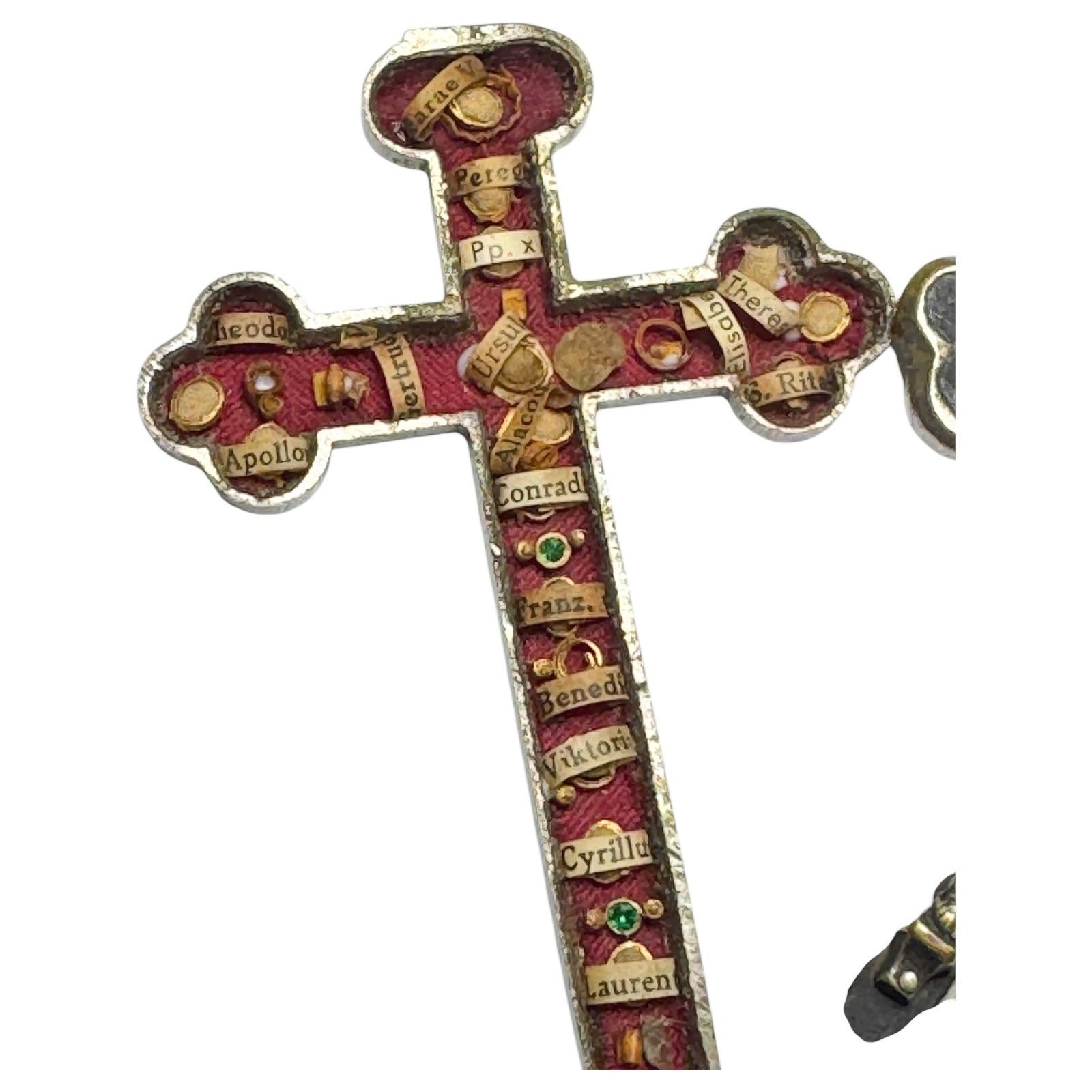 German Antique Catholic Reliquary Box Crucifix Pendant with 18 Relics of Saints