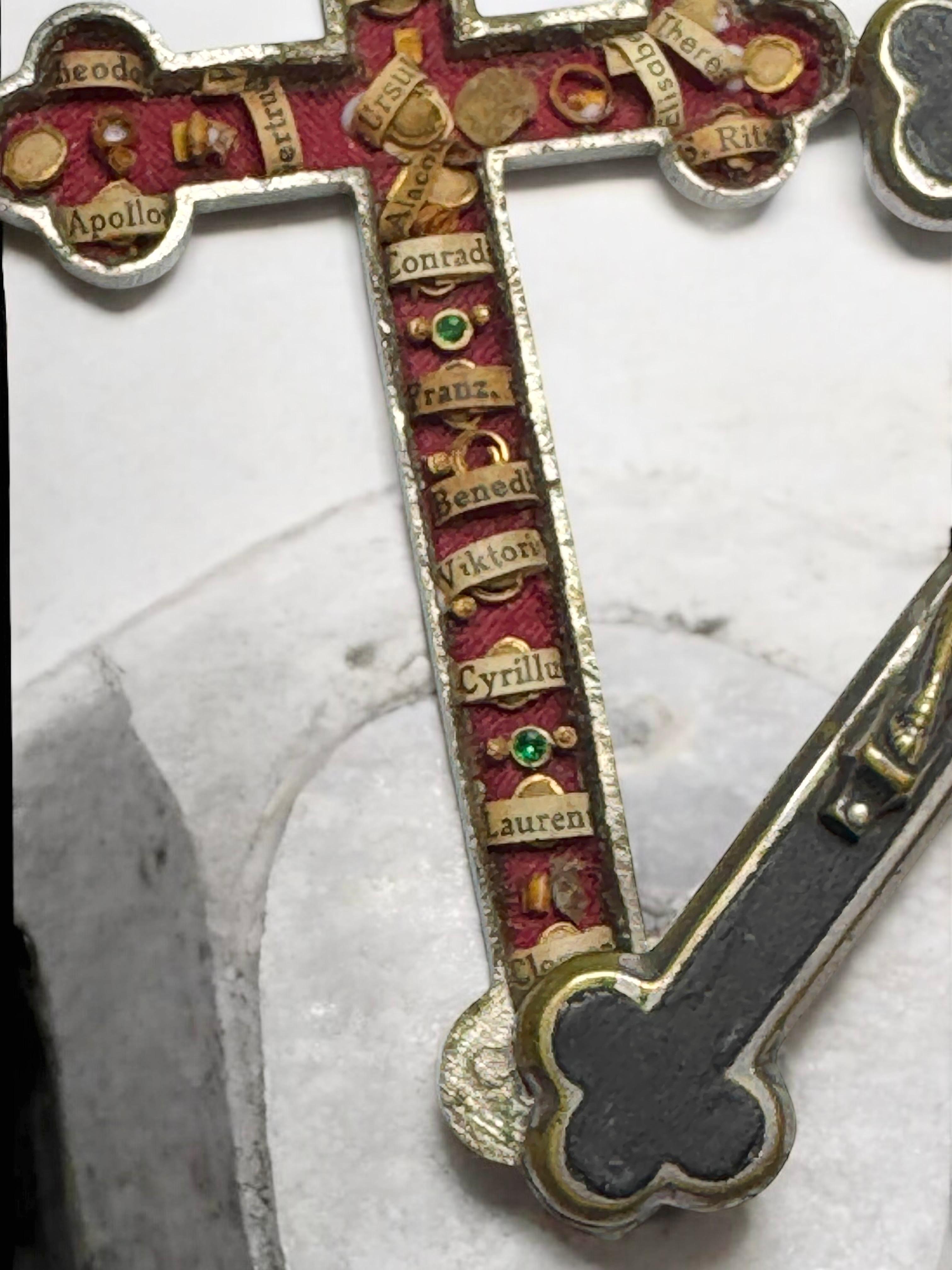 Hand-Crafted Antique Catholic Reliquary Box Crucifix Pendant with 18 Relics of Saints