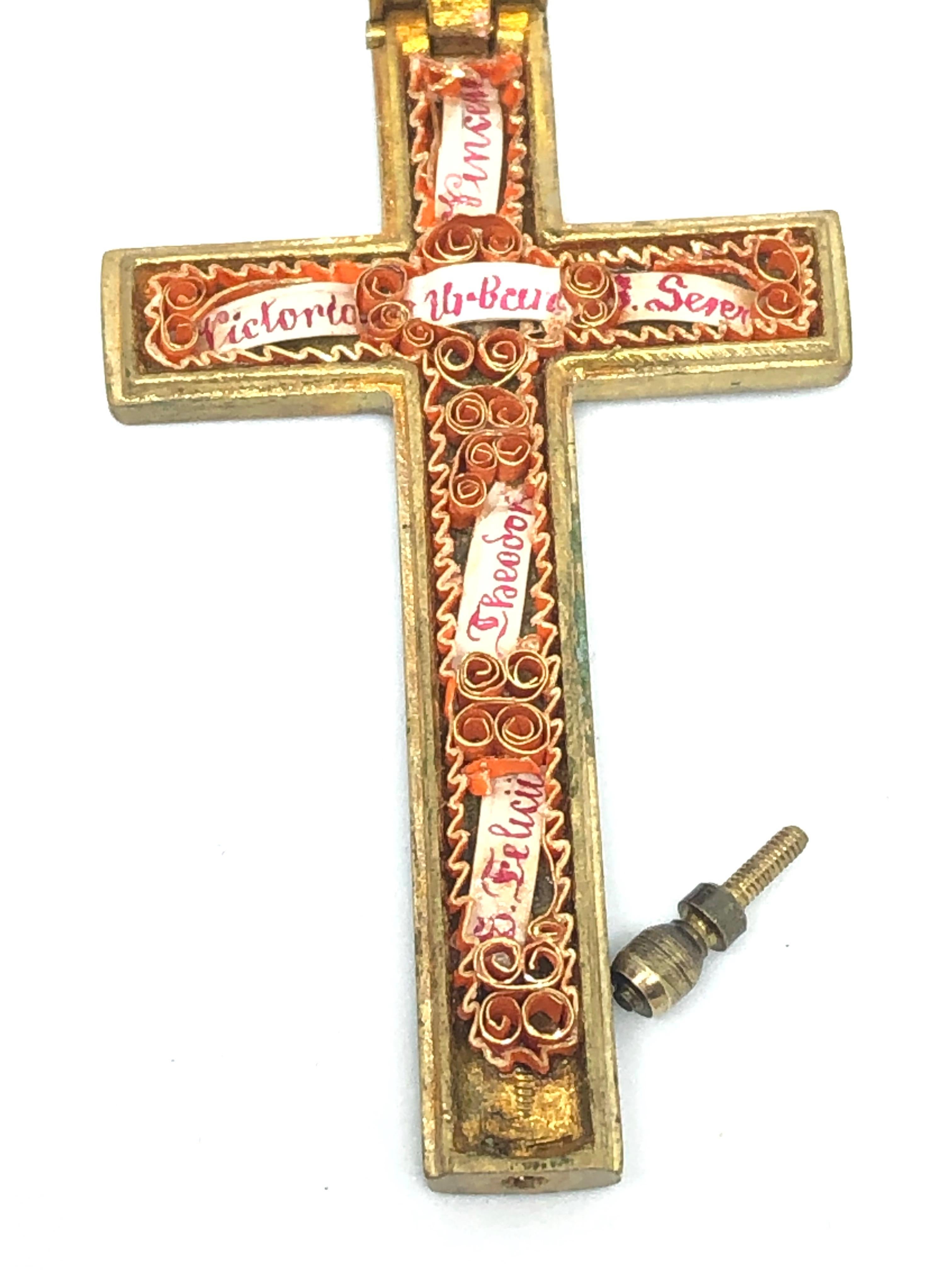 Edwardian Antique Catholic Reliquary Box Crucifix Pendant with 6 Relics of Saints