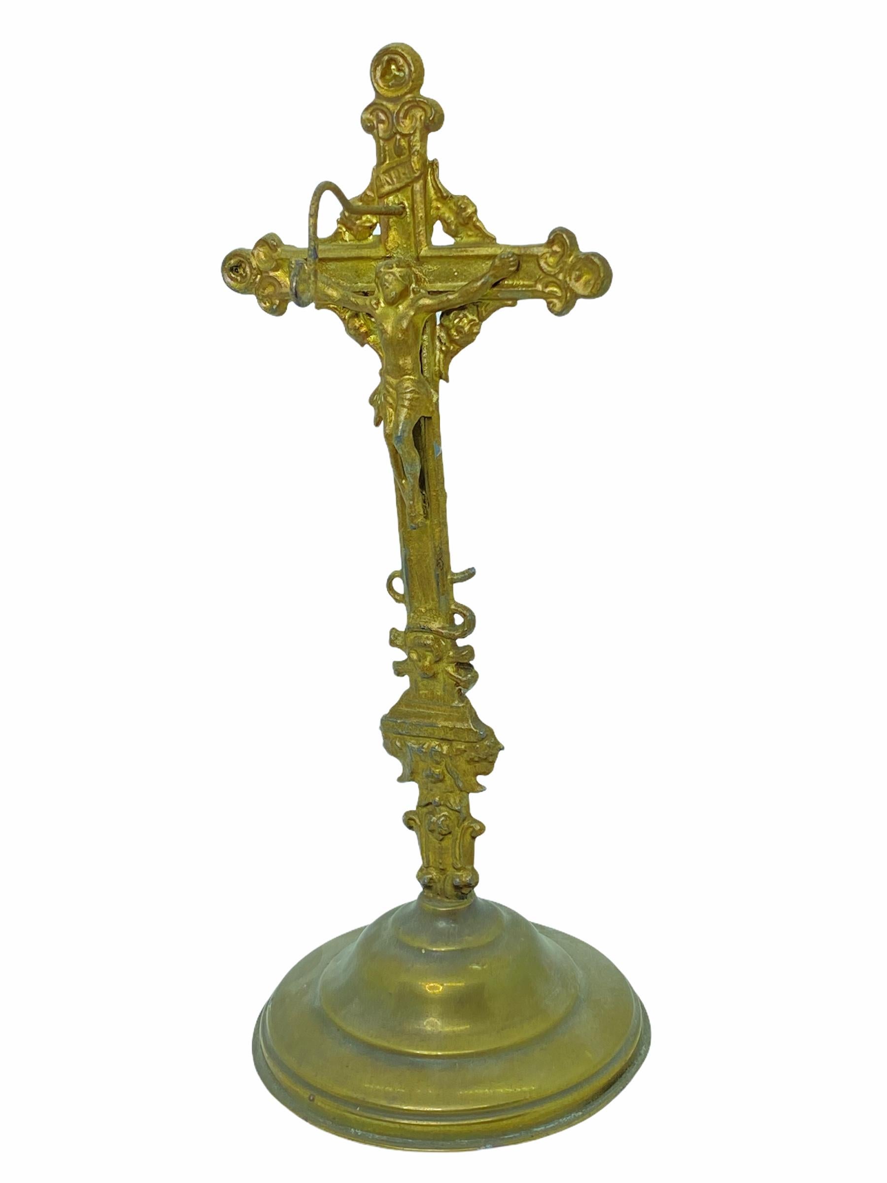 This antique Crucifix stand is probably made for display your rosary, it was found like this with the rosary hanging on it. stand is made of gilt metal and comes with this beautiful Rosary. The Rosary is approx. 18 inches in length, that making it