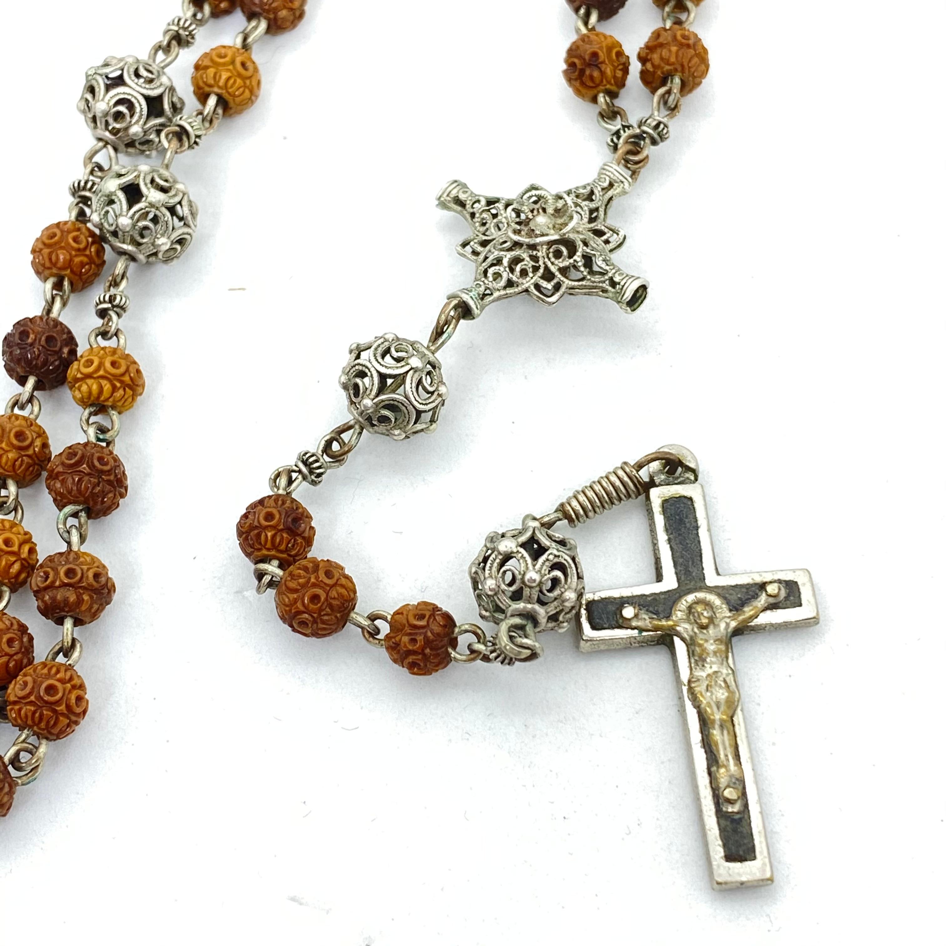 Early 20th Century Antique Catholic Rosary on a Crucifix Stand / Holder 1910s or Older, Germany