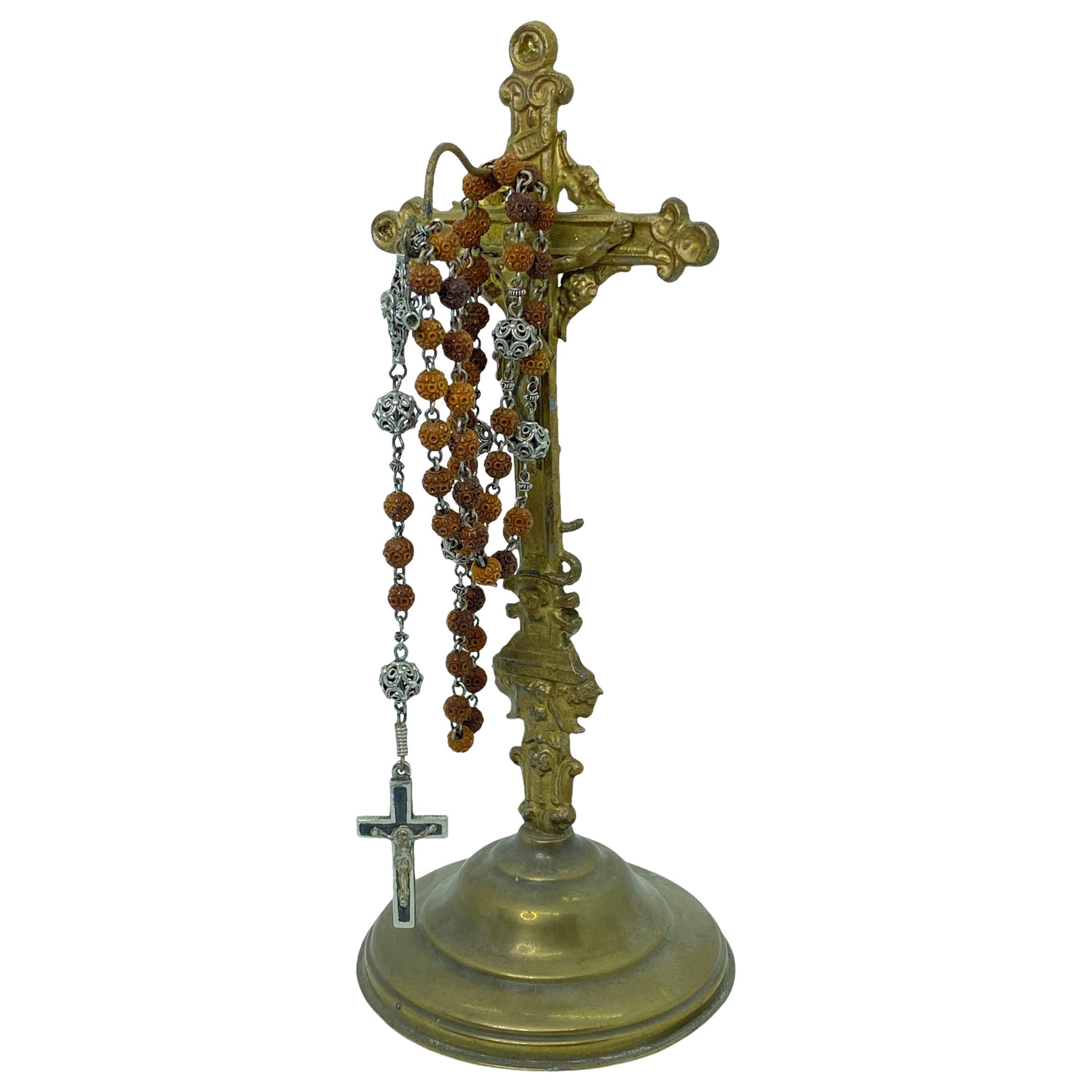 Antique Catholic Rosary on a Crucifix Stand / Holder 1910s or Older, Germany