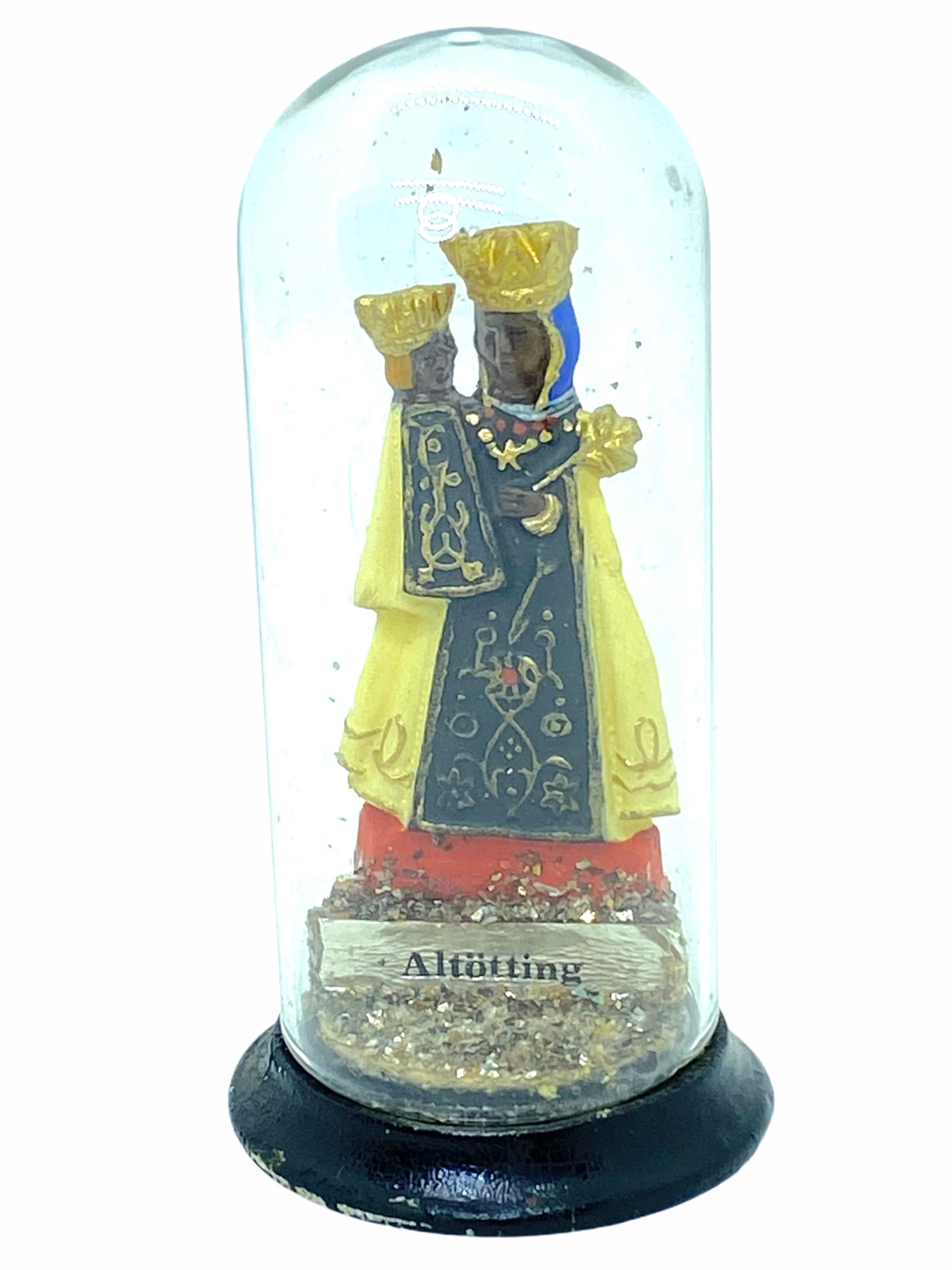 An antique glass dome with Virgin Mary figure found at an estate sale in Nuremberg, Germany. We believe it is a monastery work, handmade by a nun. A nice addition to your home altar or any room.