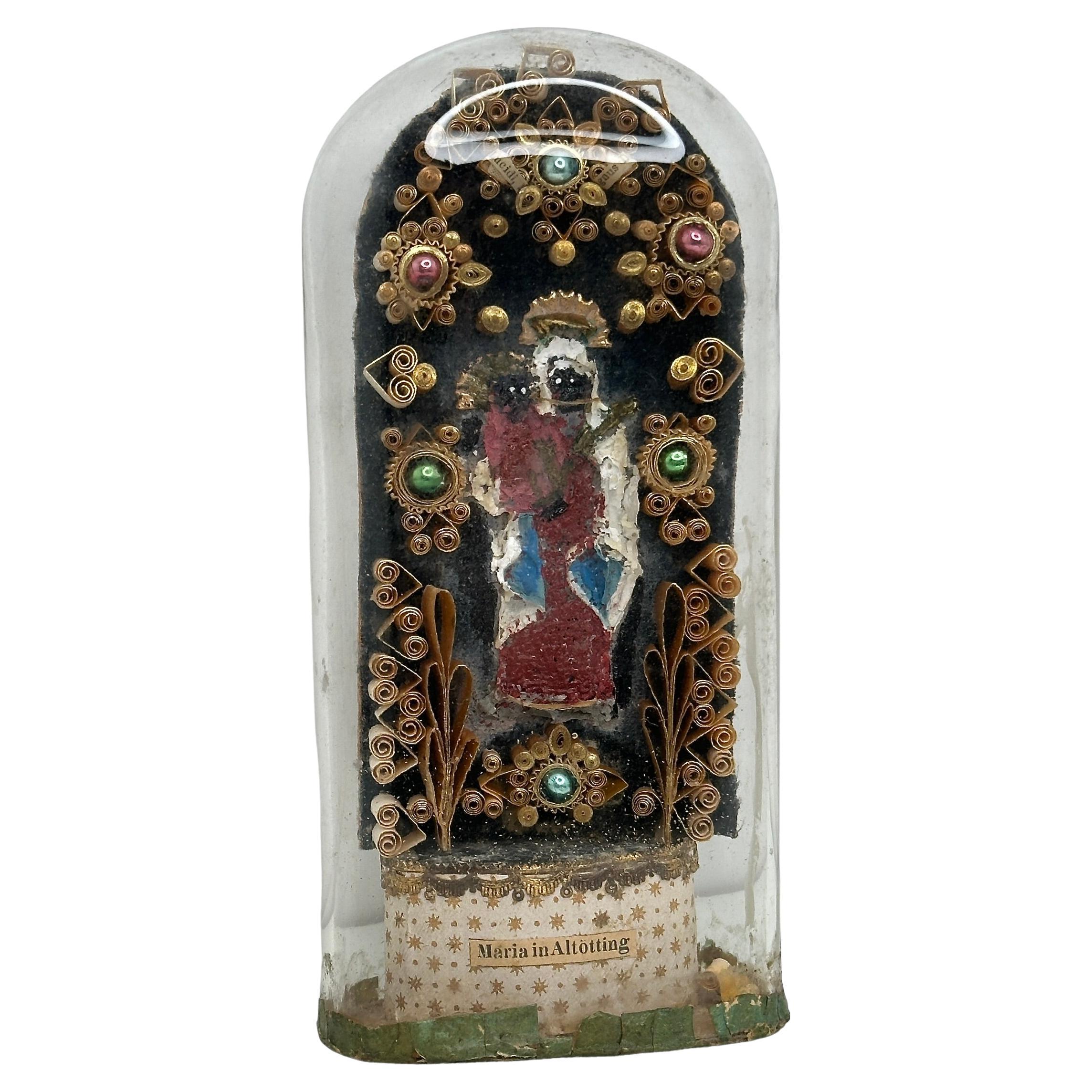Antique Catholic Virgin Mary Figure Glass Dome Monastery Work, Germany Altotting For Sale