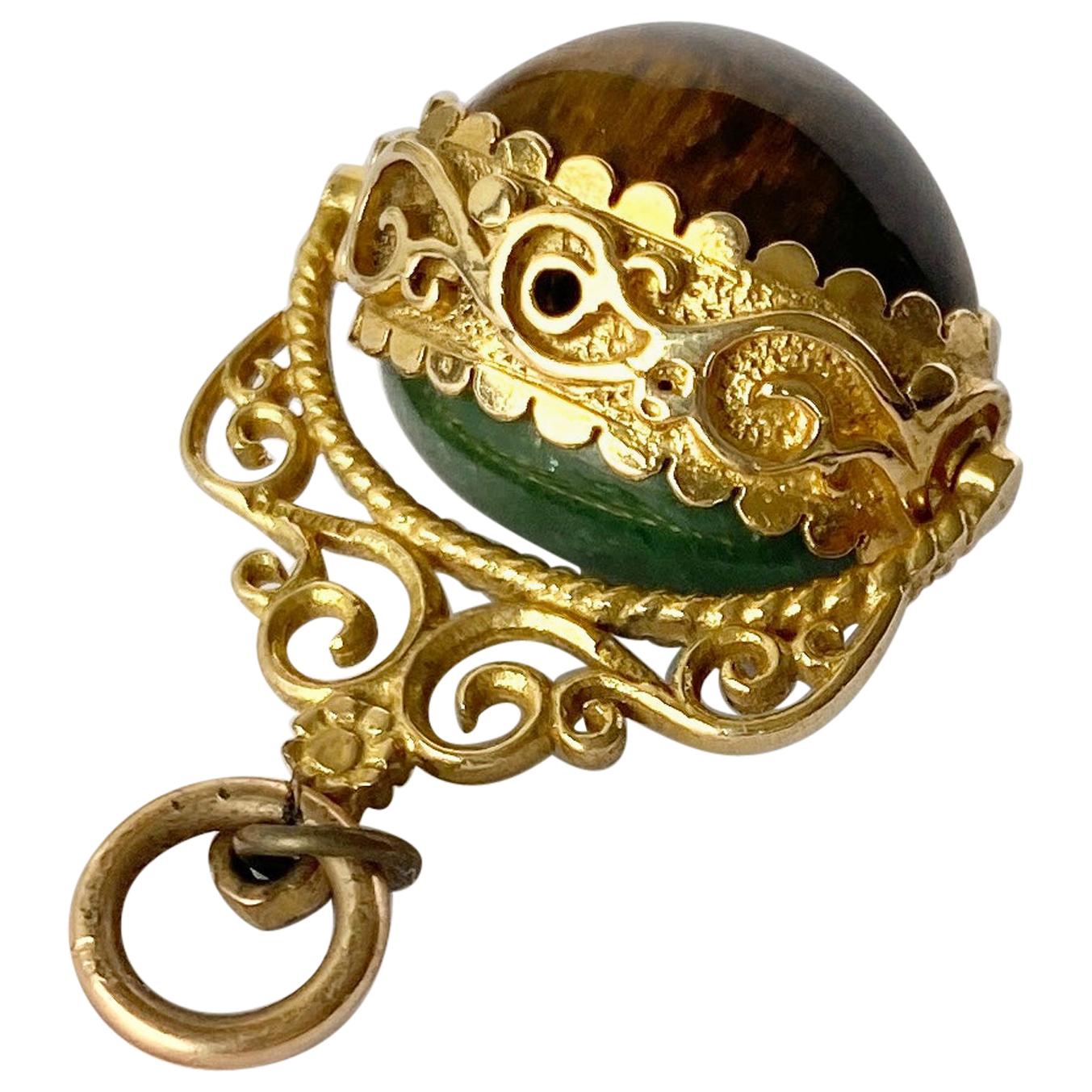 Antique Cats-Eye and Jadeite 9 Carat Gold Fob