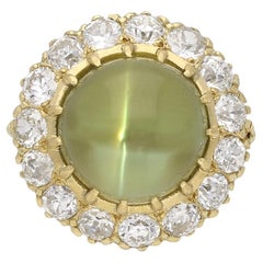 Antique Cat's Eye Chrysoberyl and Diamond Coronet Cluster Ring, circa 1900
