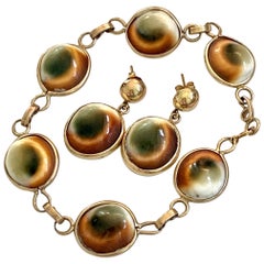 Vintage Cat's Eye Operculum Snail 14 Karat Yellow Gold Bracelet and Earrings