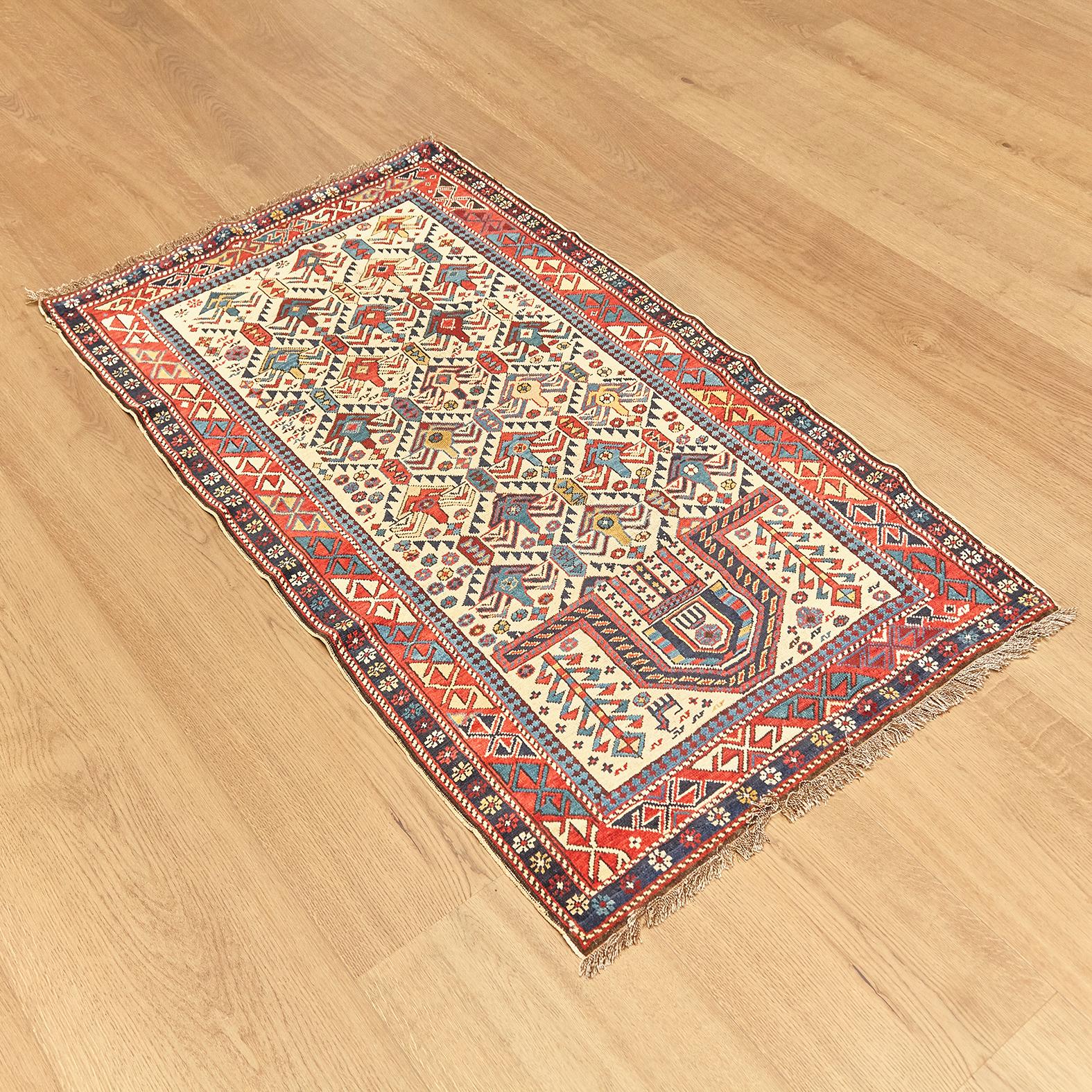 Hand-Knotted Antique Caucas Daghestan Hand Knotted Wool Rug, circa 1880