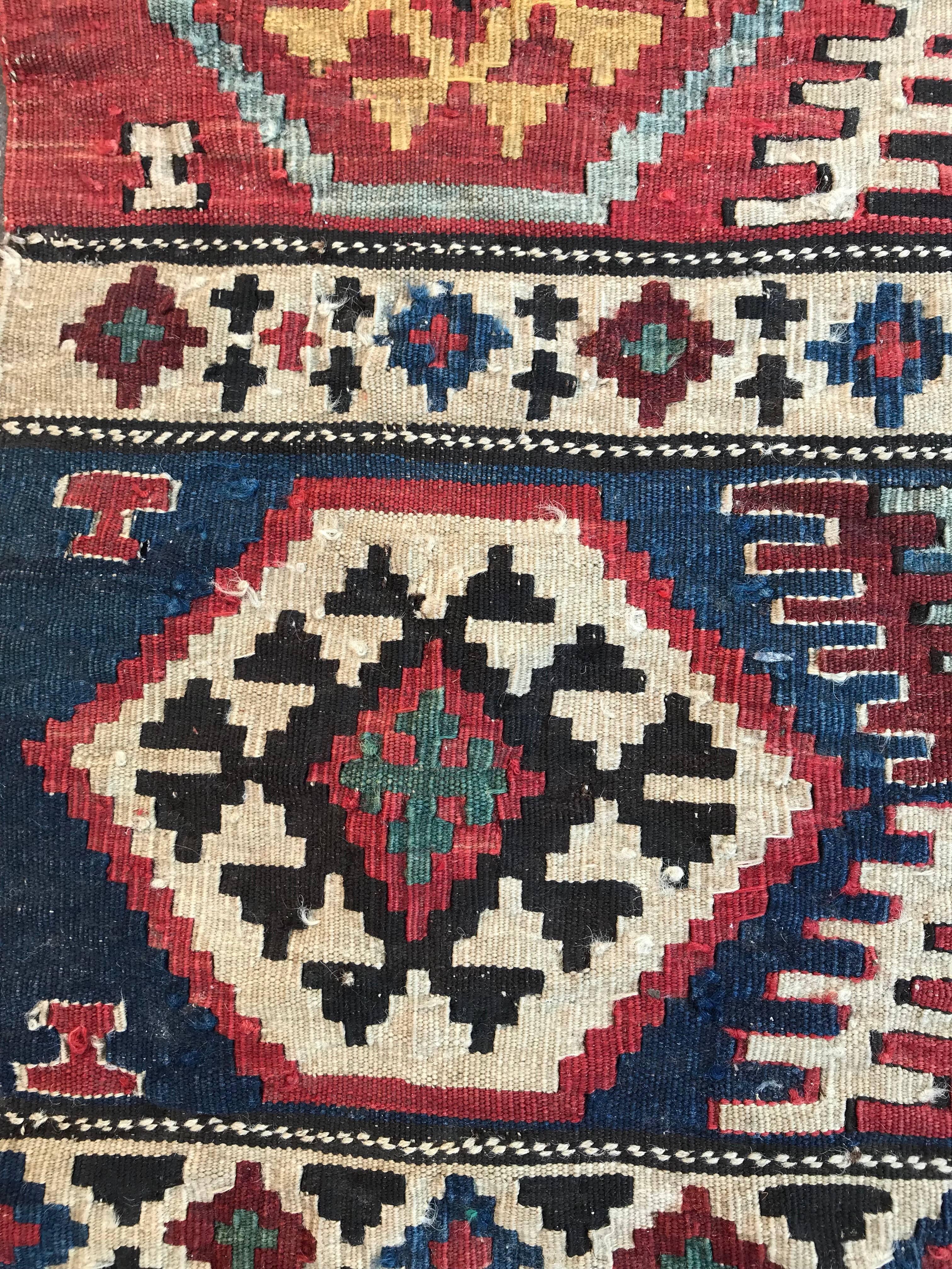 Hand-Woven Bobyrug’s Antique Caucasian 19th Century Flat Rug Kilim For Sale