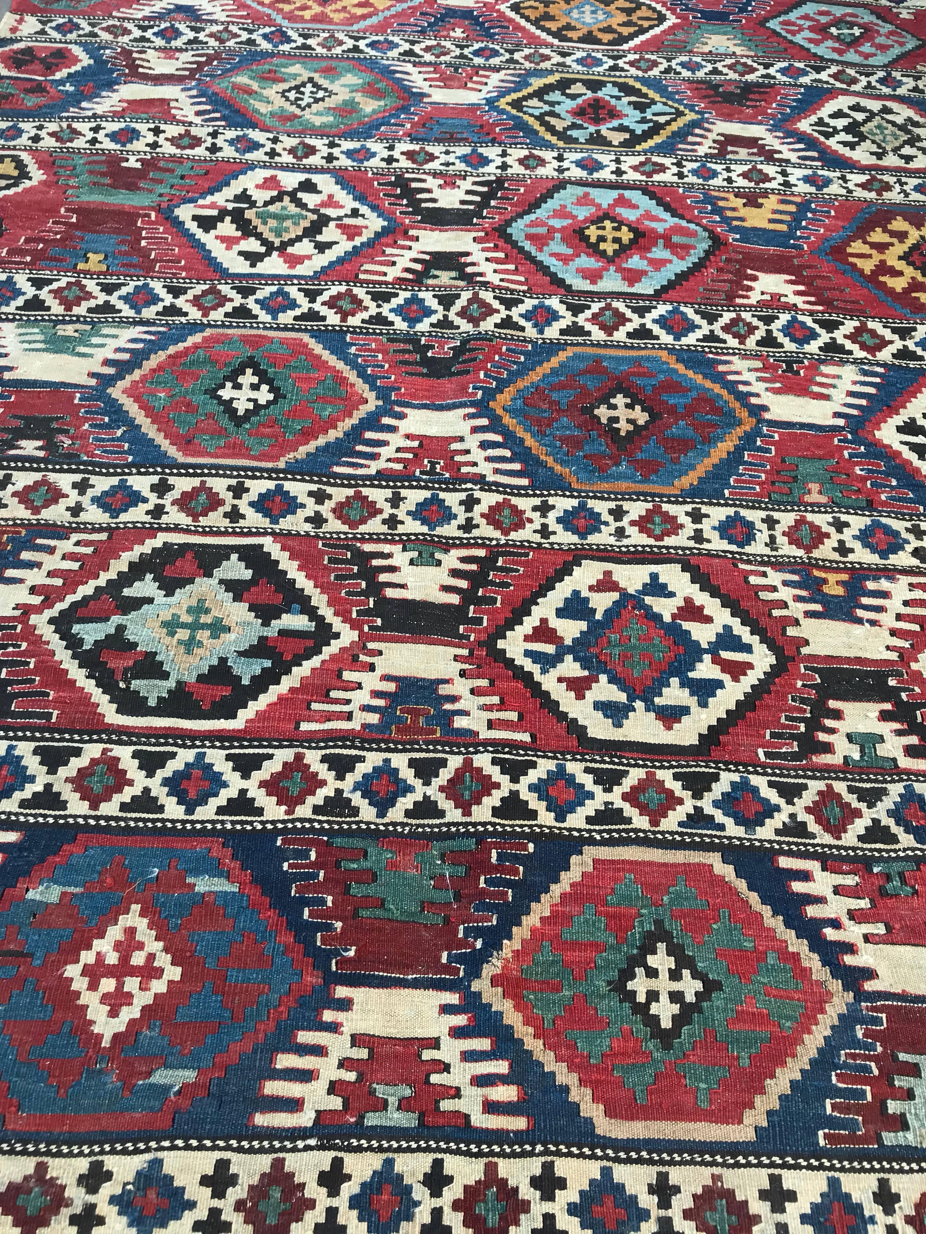 Bobyrug’s Antique Caucasian 19th Century Flat Rug Kilim For Sale 3