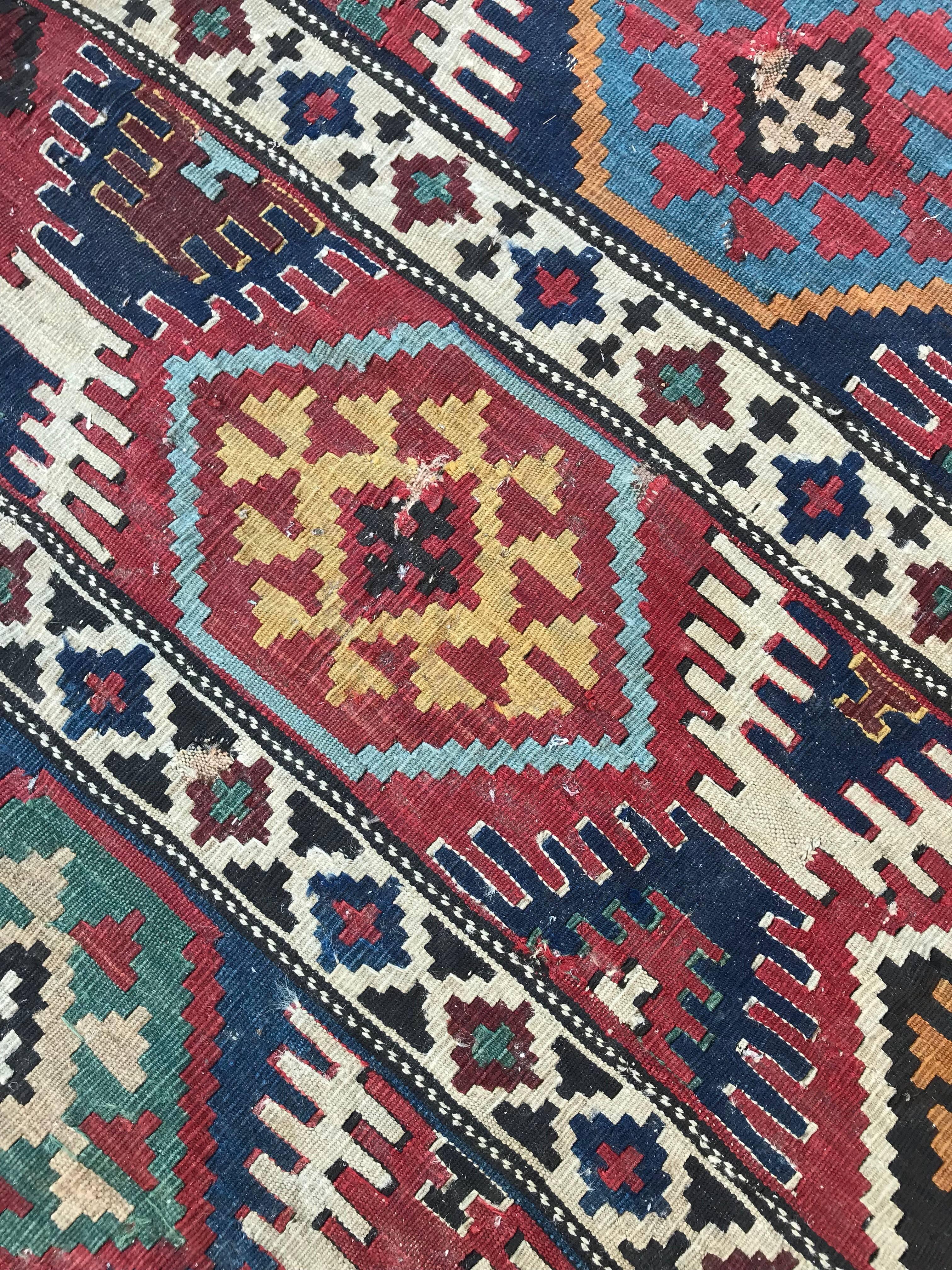 Bobyrug's Antique Caucasian 19th Century Flat Rug Kilim (tapis plat ancien du Caucase du XIXe siècle) en vente 3
