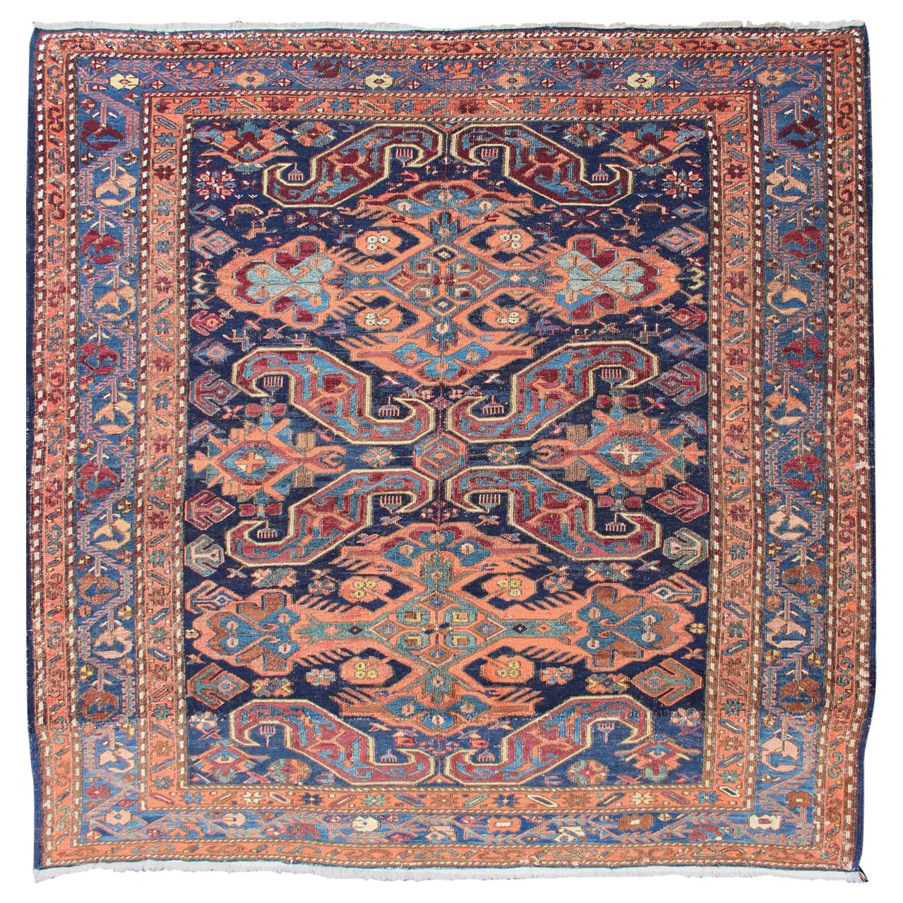 Antique Caucasian 19th Century Sumac Rug in Varying Colors of Orange and Blue For Sale