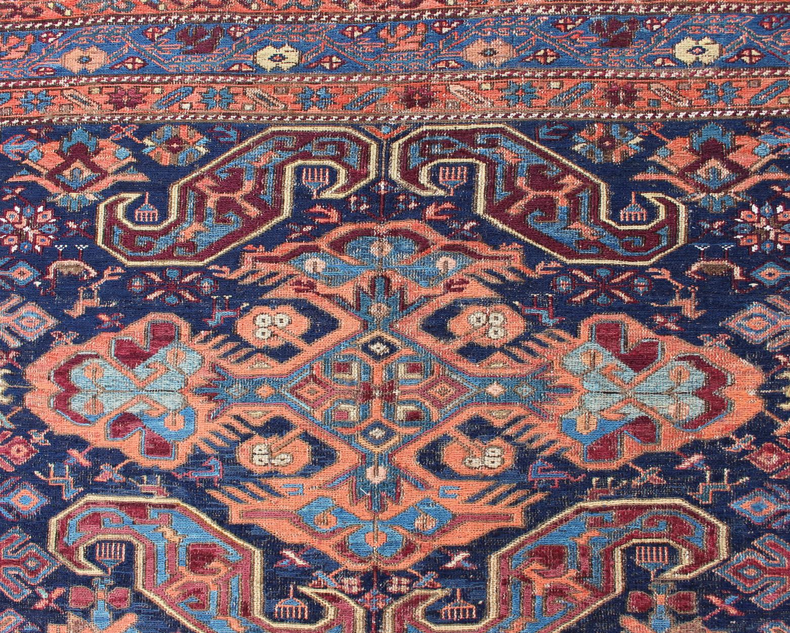 Antique Caucasian 19th Century Sumac Rug in Varying Colors of Orange and Blue For Sale 1