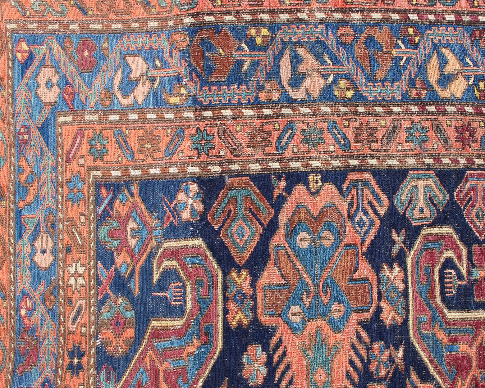 Antique Caucasian 19th Century Sumac Rug in Varying Colors of Orange and Blue For Sale 2
