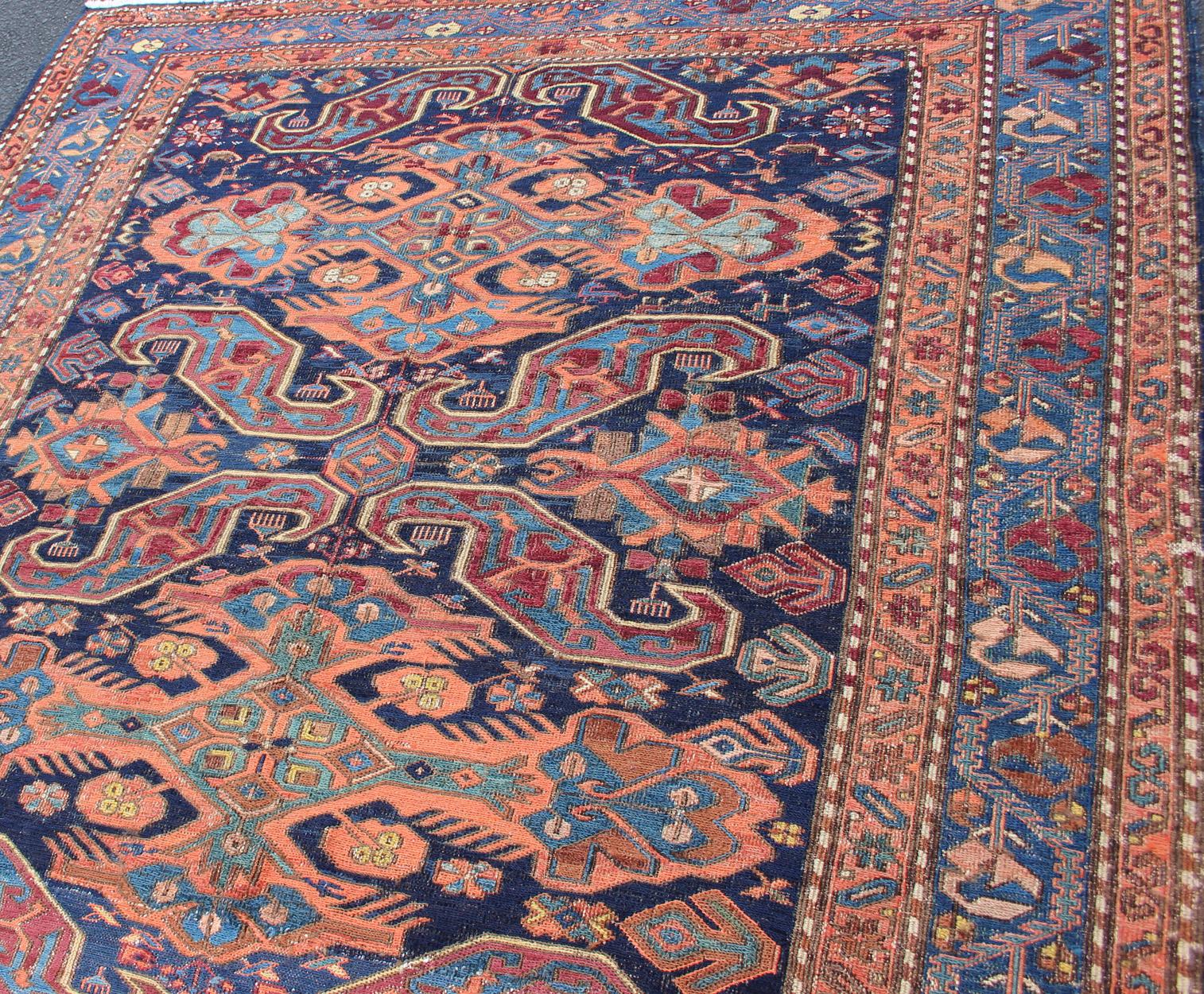 Hand-Woven Antique Caucasian 19th Century Sumac Rug in Varying Colors of Orange and Blue For Sale