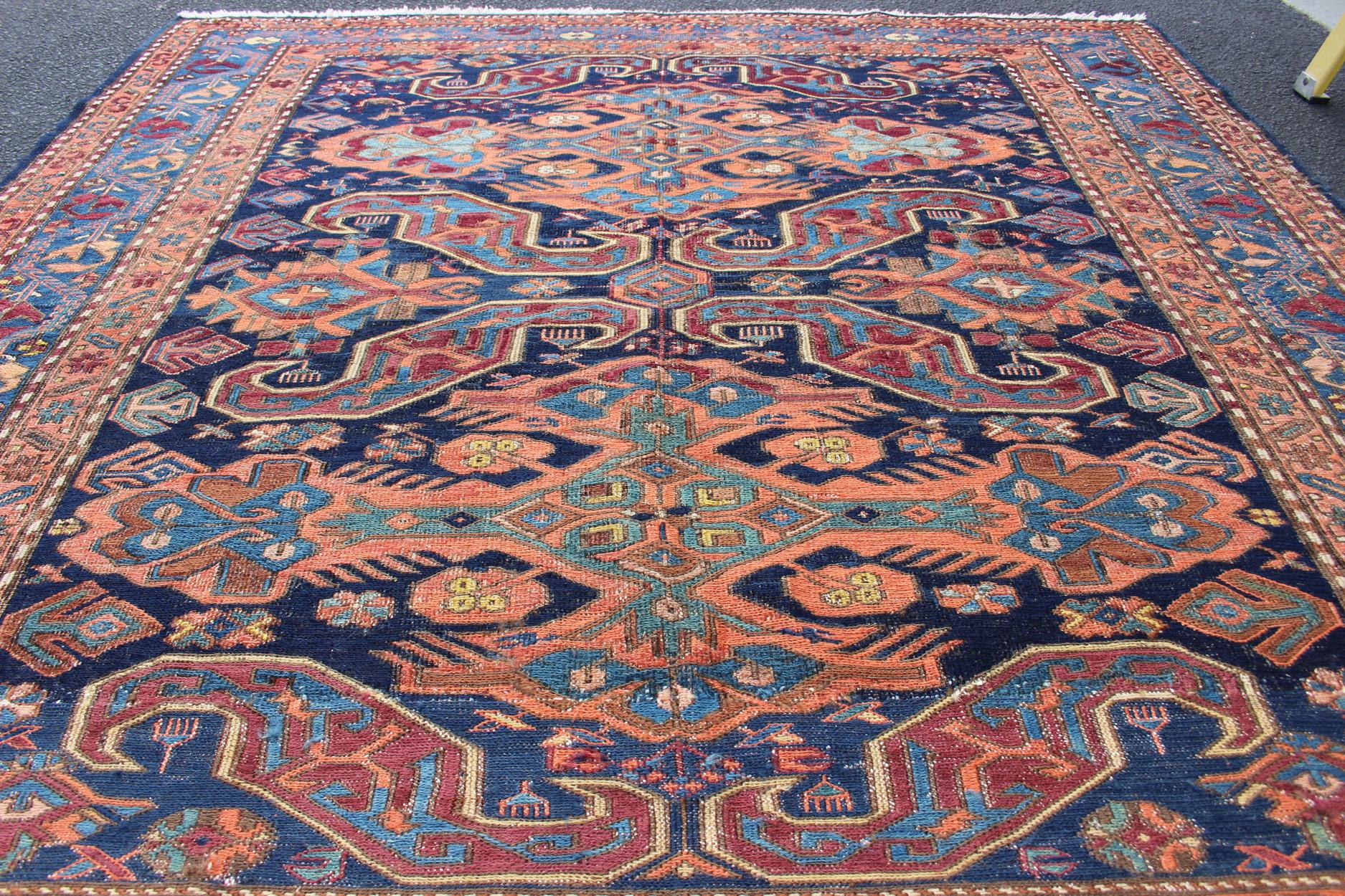 Early 20th Century Antique Caucasian 19th Century Sumac Rug in Varying Colors of Orange and Blue For Sale