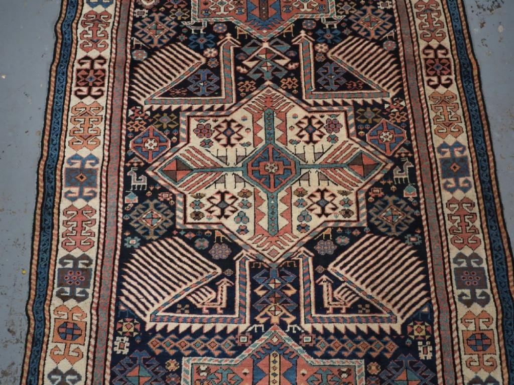 19th Century Antique Caucasian Akstafa Long Rug / Runner, Large Peacocks, Circa 1880 For Sale