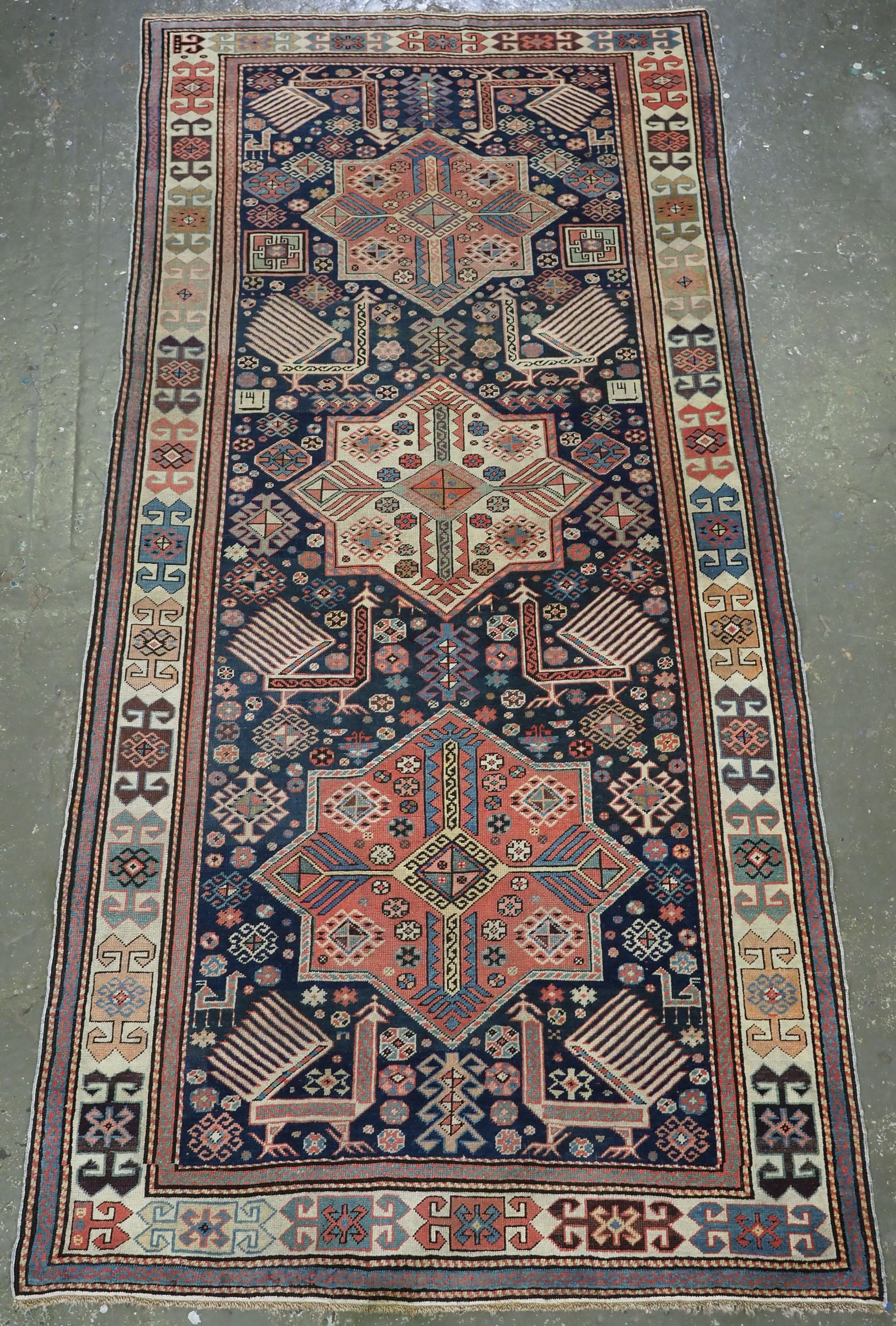Antique Caucasian Akstafa long rug with three star medallions, circa 1880. For Sale 8