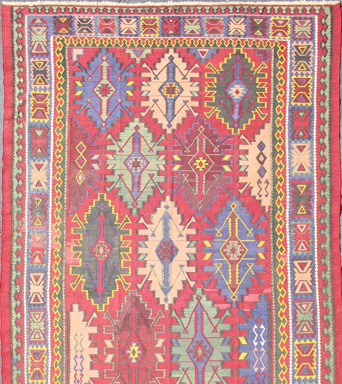 Alfombra Tribal Avar Caucásica Antigua de Tejido Plano Tamaño Galería en Multi Colores Kilim en venta