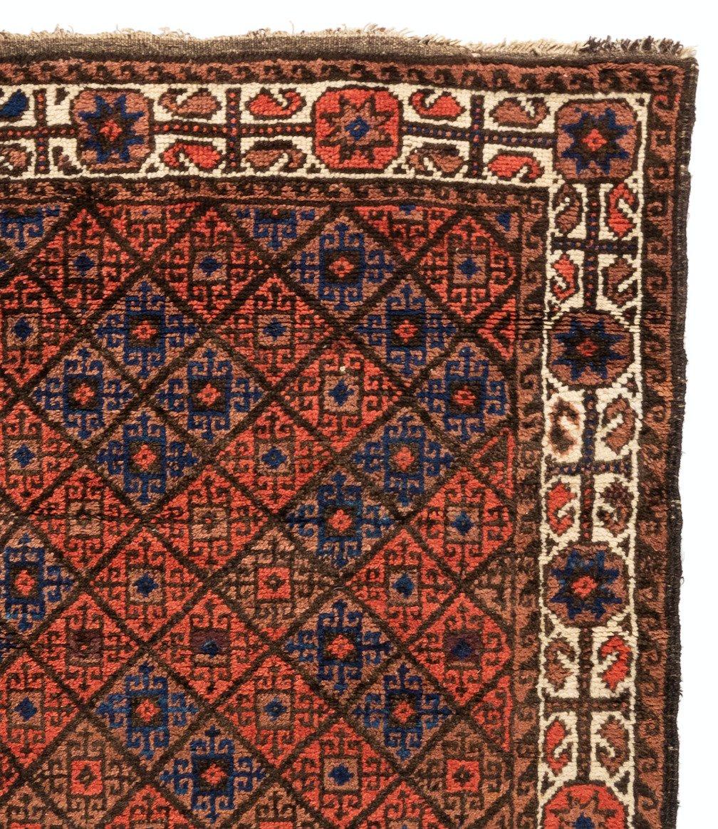 Hand-Woven Antique Caucasian Rust Purple Geometric Tribal Baluch Rug For Sale