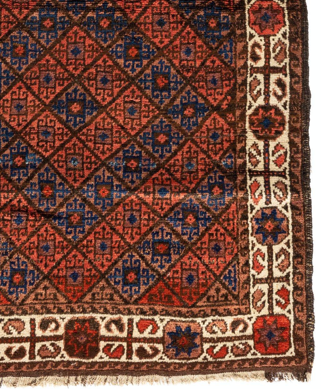 Antique Caucasian Rust Purple Geometric Tribal Baluch Rug In Good Condition For Sale In New York, NY