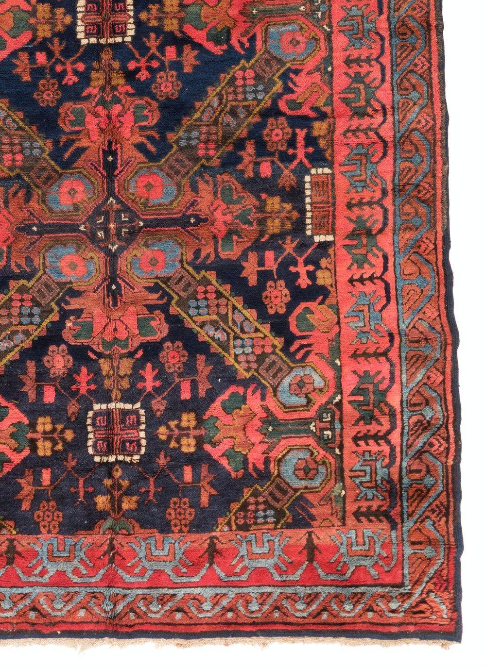 Hand-Woven Antique Caucasian Red Navy Blue Brown Floral Karabagh Area Rug, c. 1920s-1930s For Sale