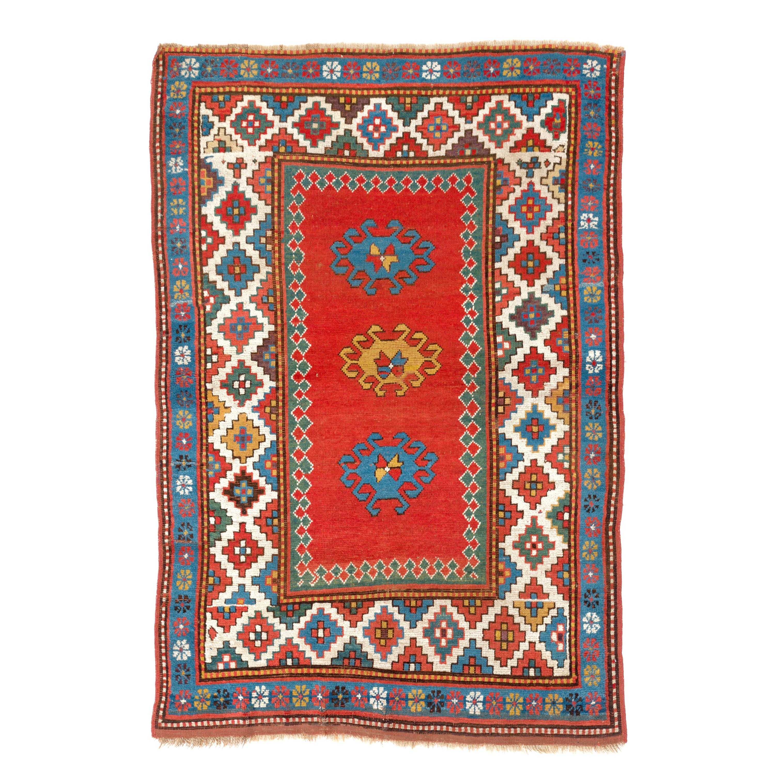 Tapis caucasien Bordjalou ancien de 4 x 5,8 m, vers 1880, tous les teintures naturelles.