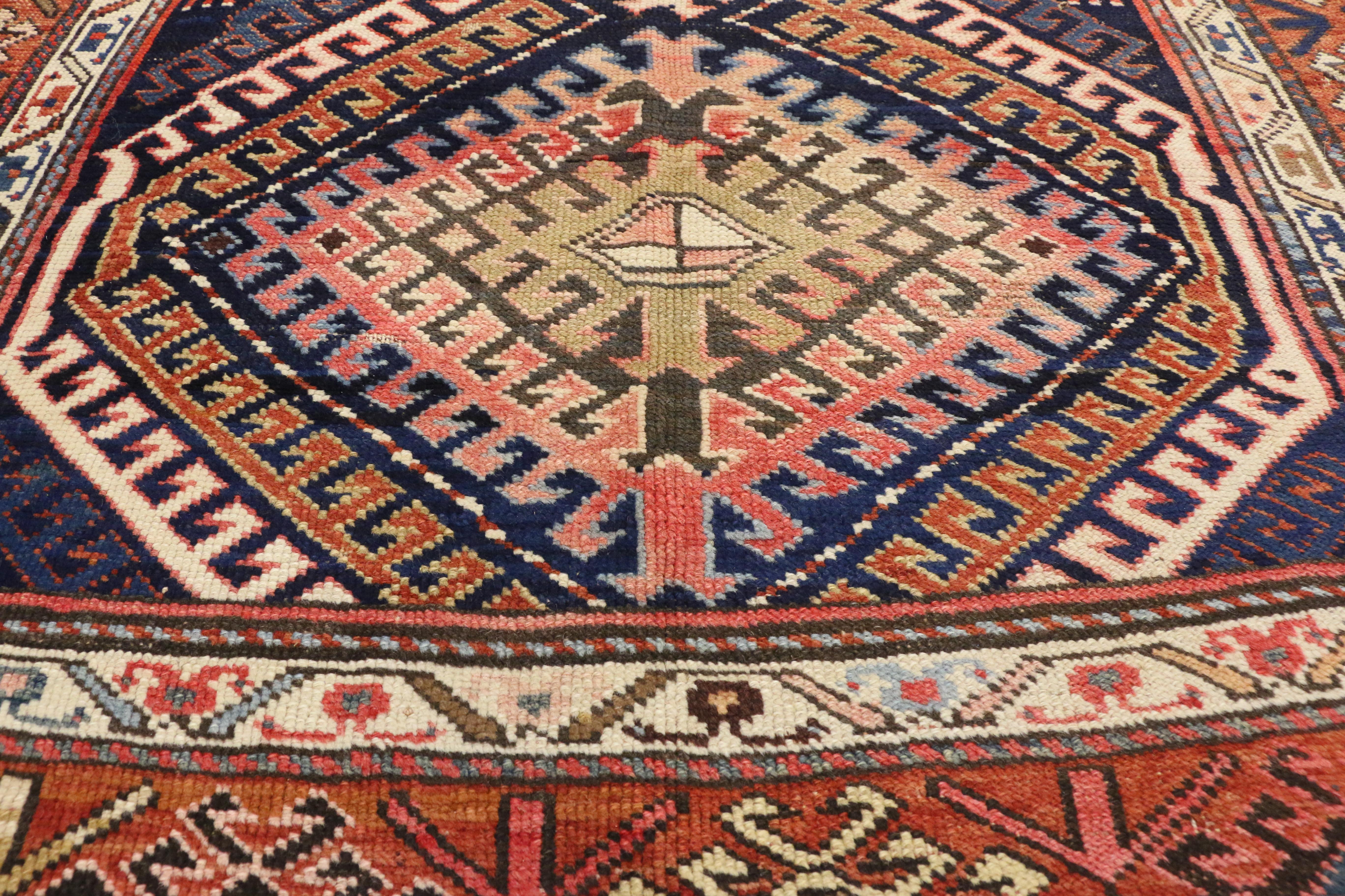 Rustic Tribal Style Antique Caucasian Bordjalou Kazak Rug, Wide Hallway Runner In Distressed Condition For Sale In Dallas, TX