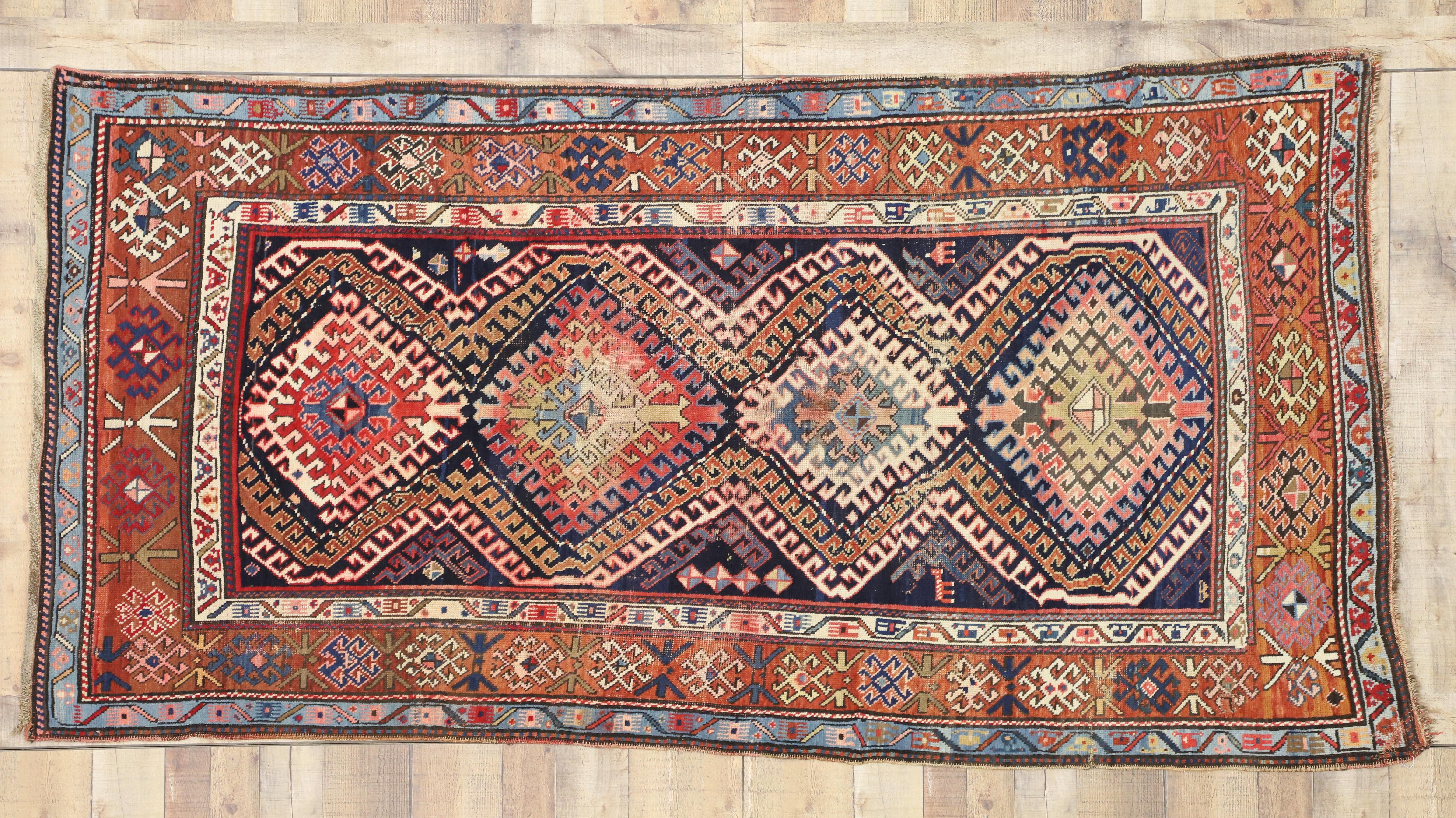 Rustic Tribal Style Antique Caucasian Bordjalou Kazak Rug, Wide Hallway Runner For Sale 1