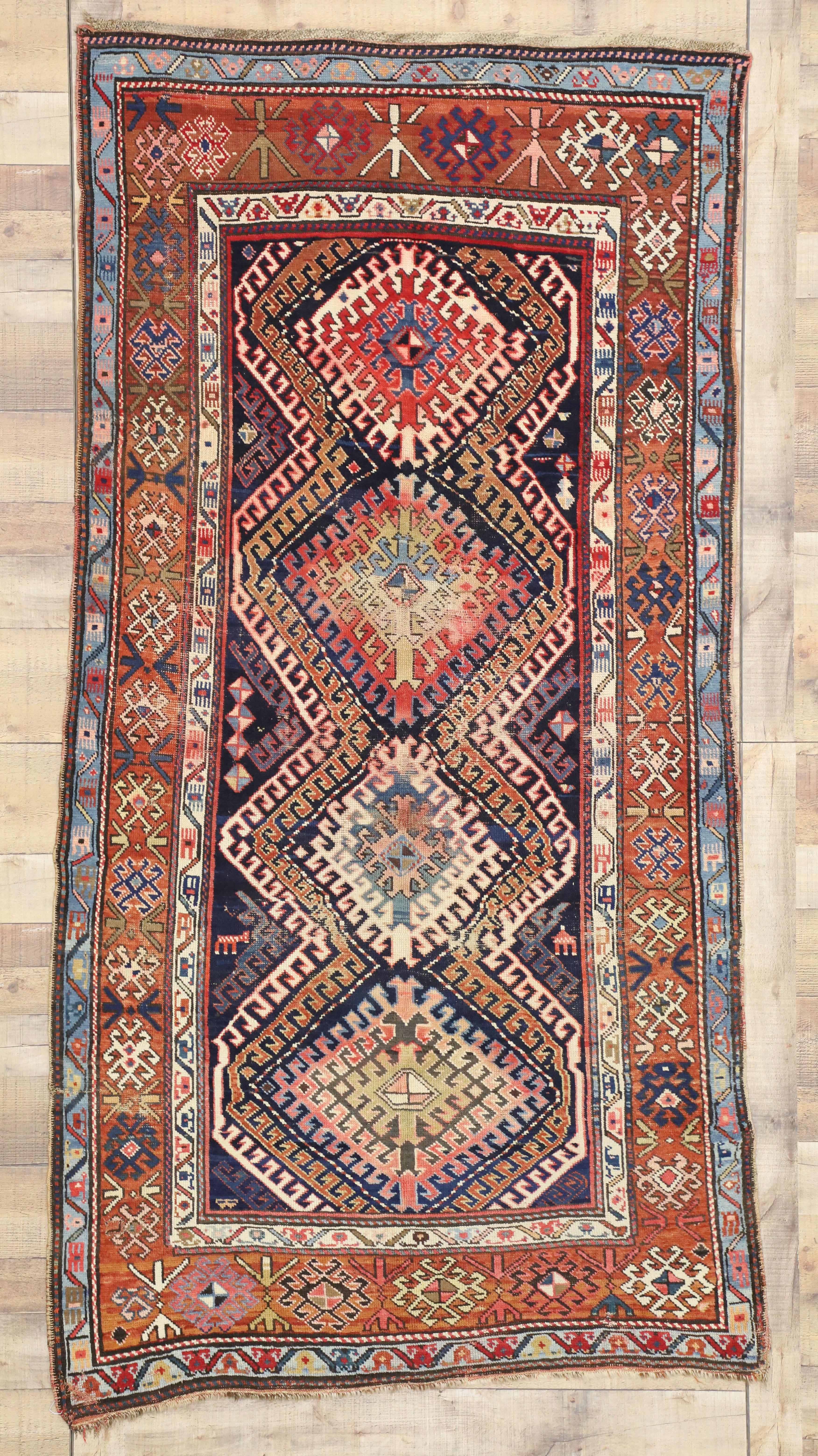 Rustic Tribal Style Antique Caucasian Bordjalou Kazak Rug, Wide Hallway Runner For Sale 2