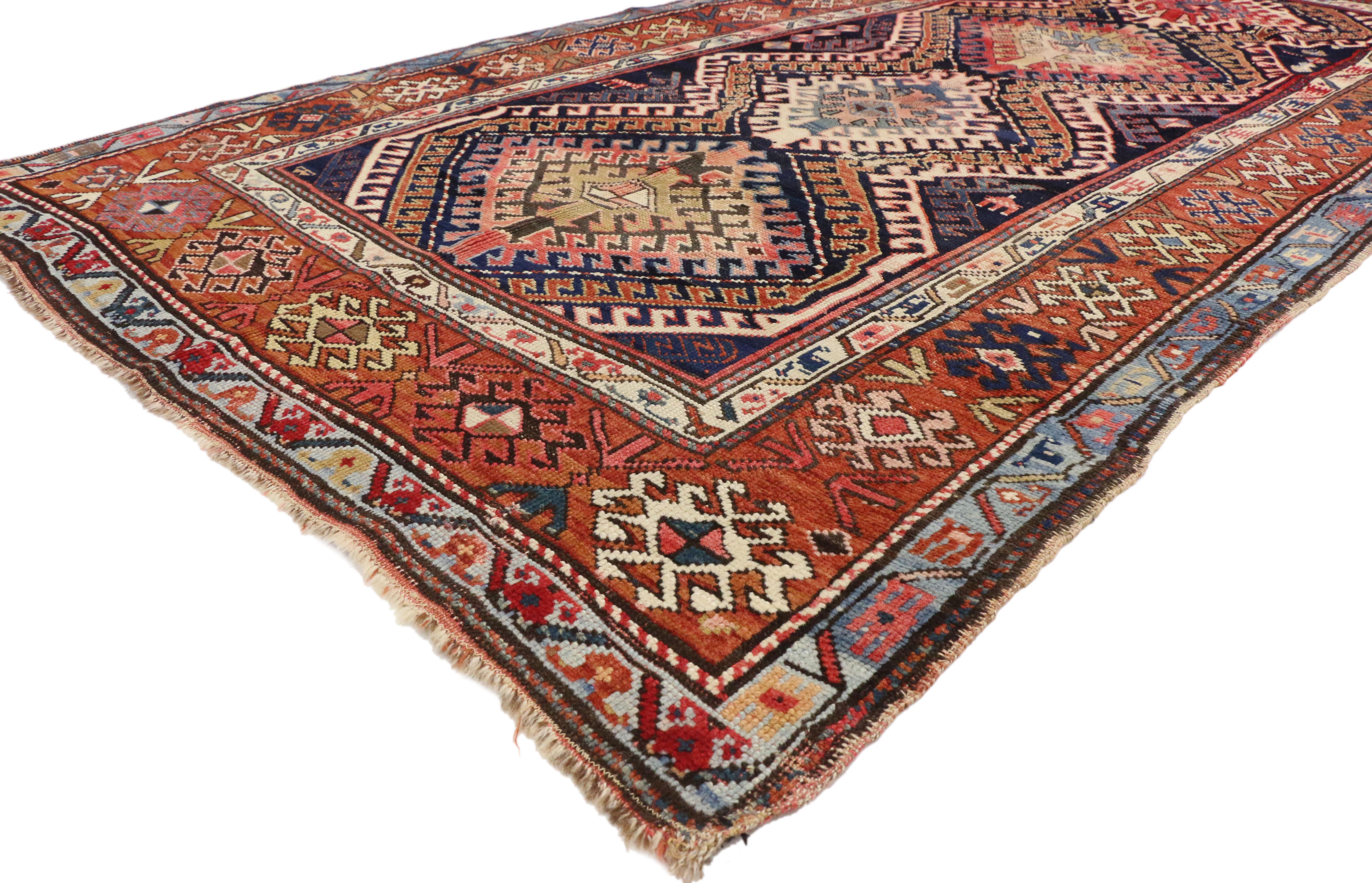 70950 Rustic Tribal Style Antique Caucasian Bordjalou Kazak Rug, Wide Hallway Runner 04'00 x 07'11.​ Based on traditional designs from the Caucasus region, this hand-knotted wool antique Bordjalou Kazak rug features four latch hook scorpion