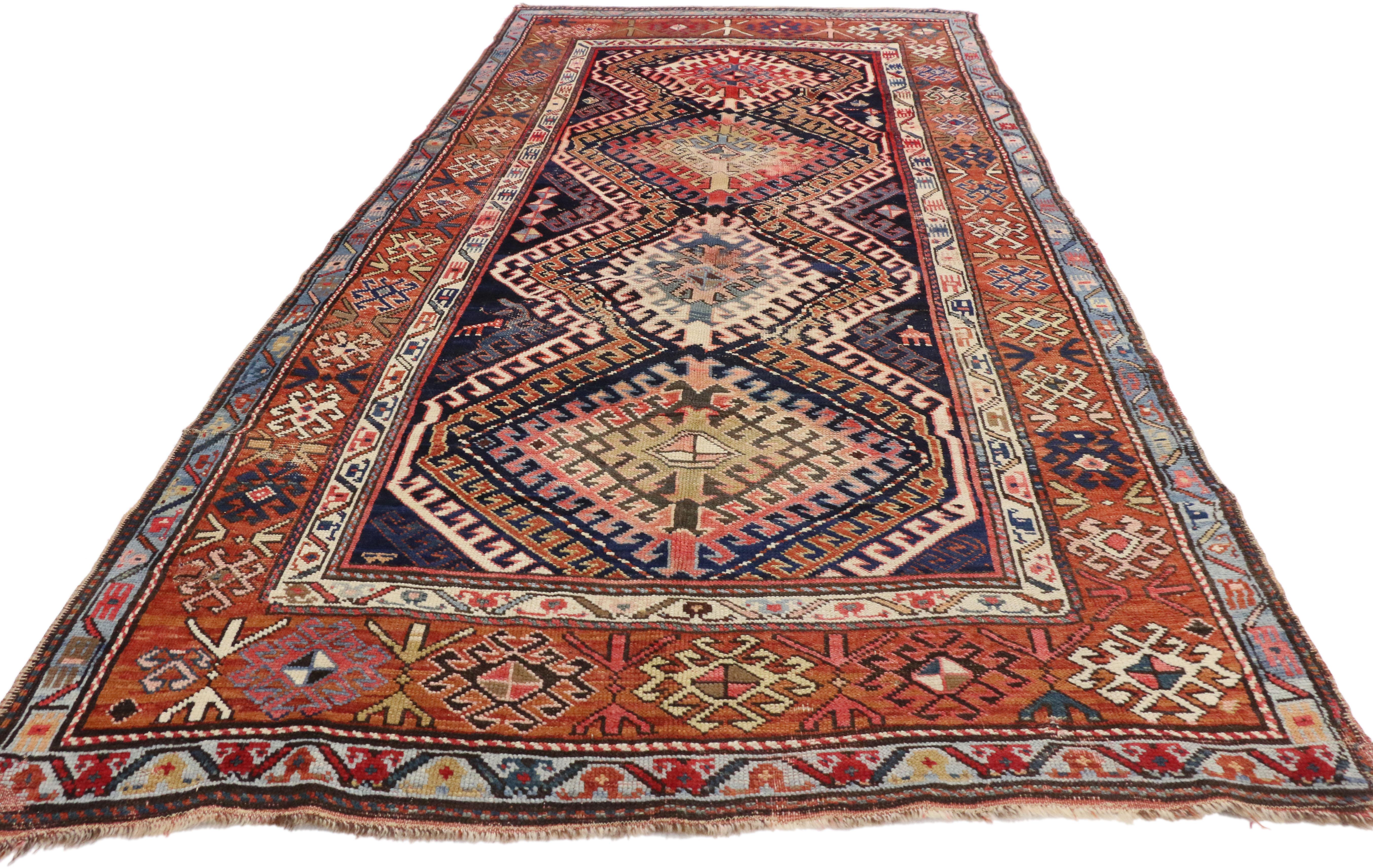 Hand-Knotted Rustic Tribal Style Antique Caucasian Bordjalou Kazak Rug, Wide Hallway Runner For Sale