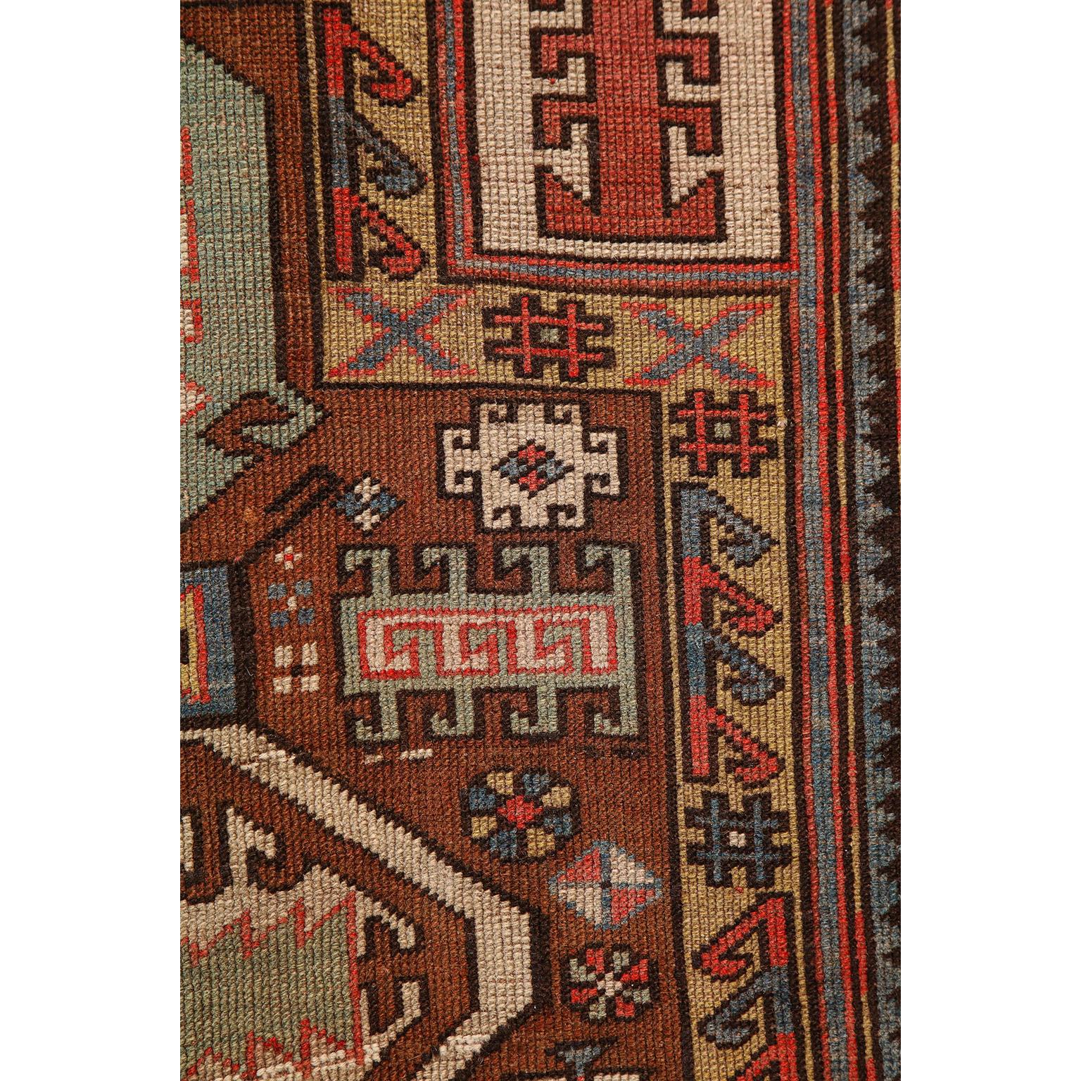 Antique 1880s Caucasian Rug, Hand-knotted Wool, Blue, Green, Red, 4' x 6' For Sale 5