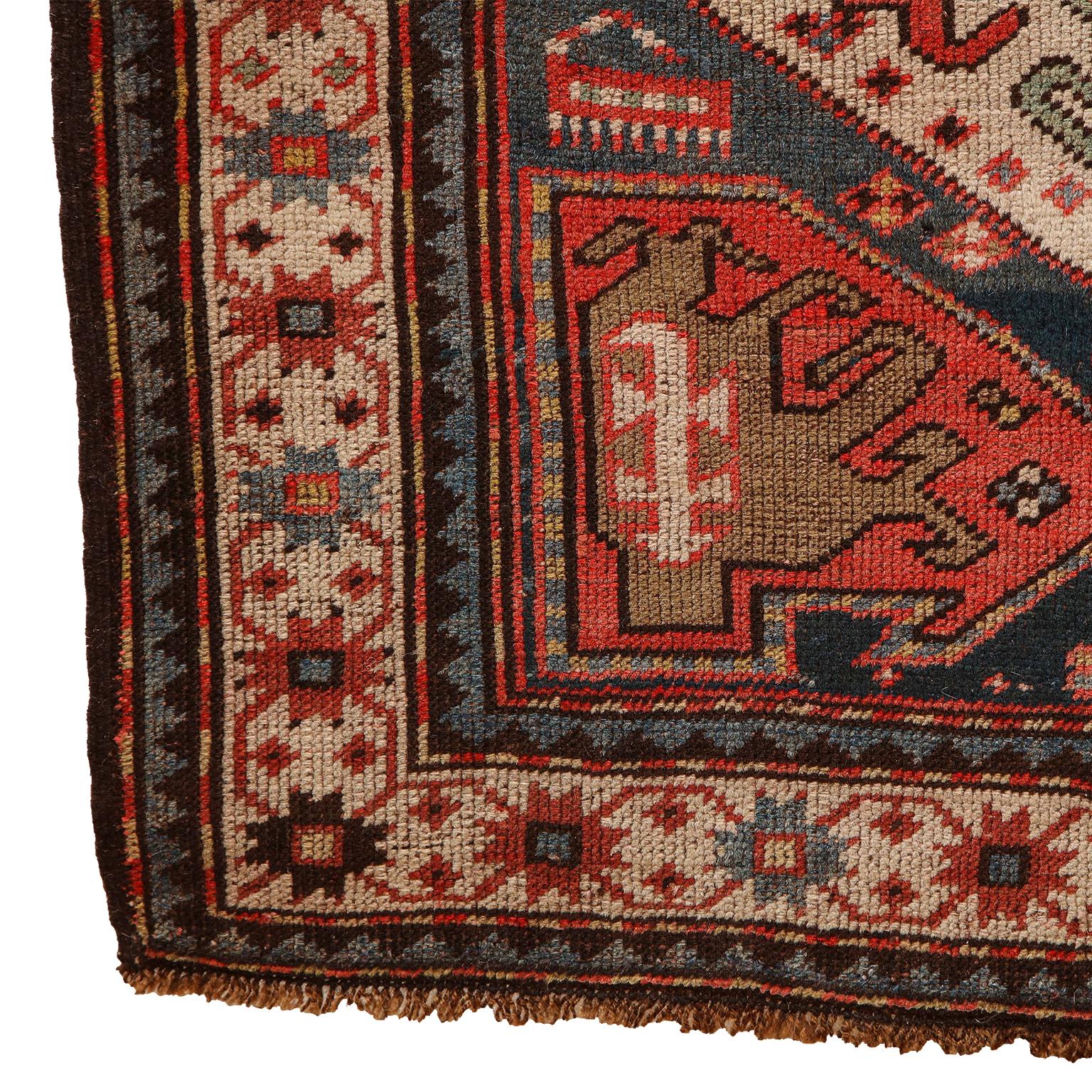 Antique 1880s Caucasian Rug, Hand-knotted Wool, Blue, Green, Red, 4' x 6' For Sale 6
