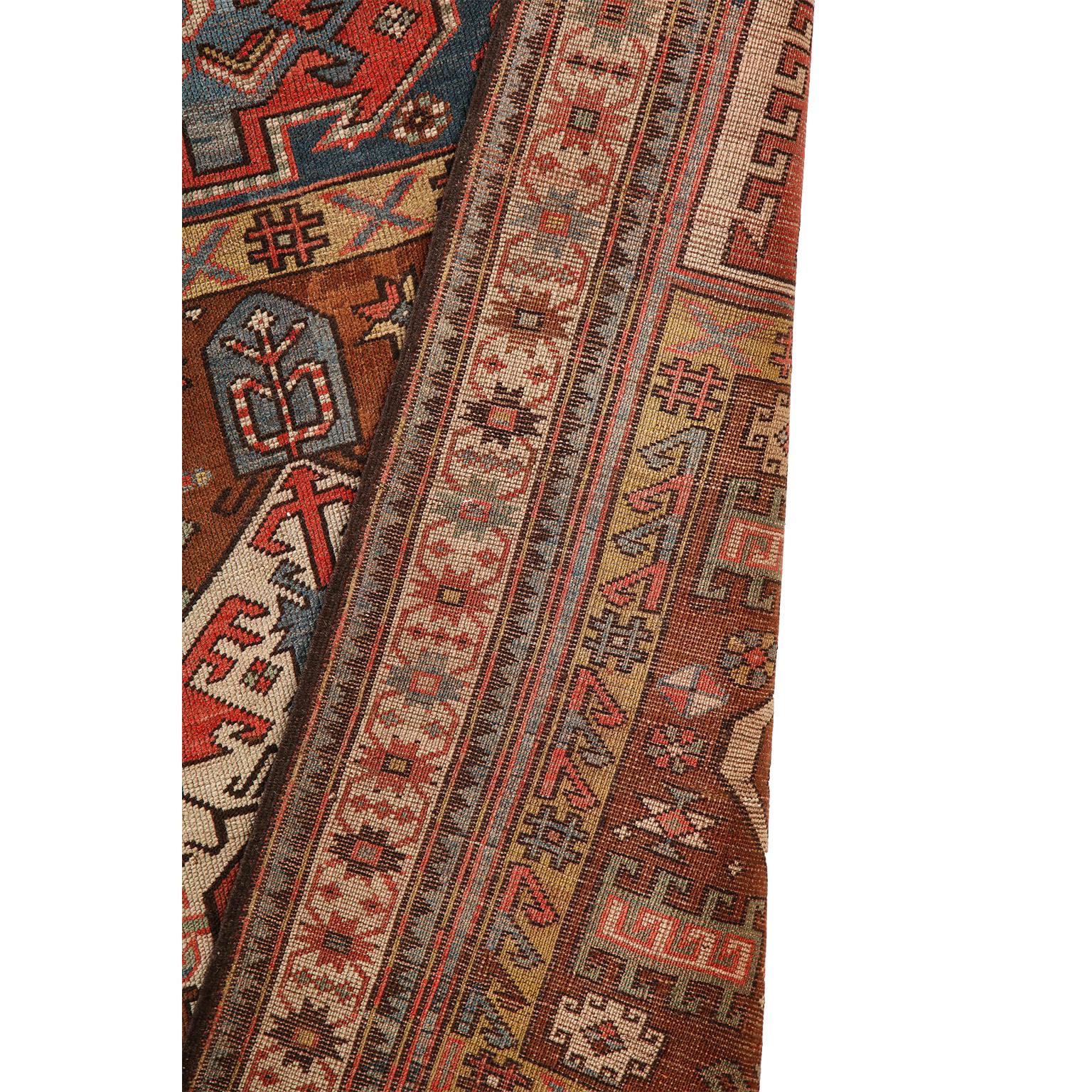 Antique 1880s Caucasian Rug, Hand-knotted Wool, Blue, Green, Red, 4' x 6' For Sale 7