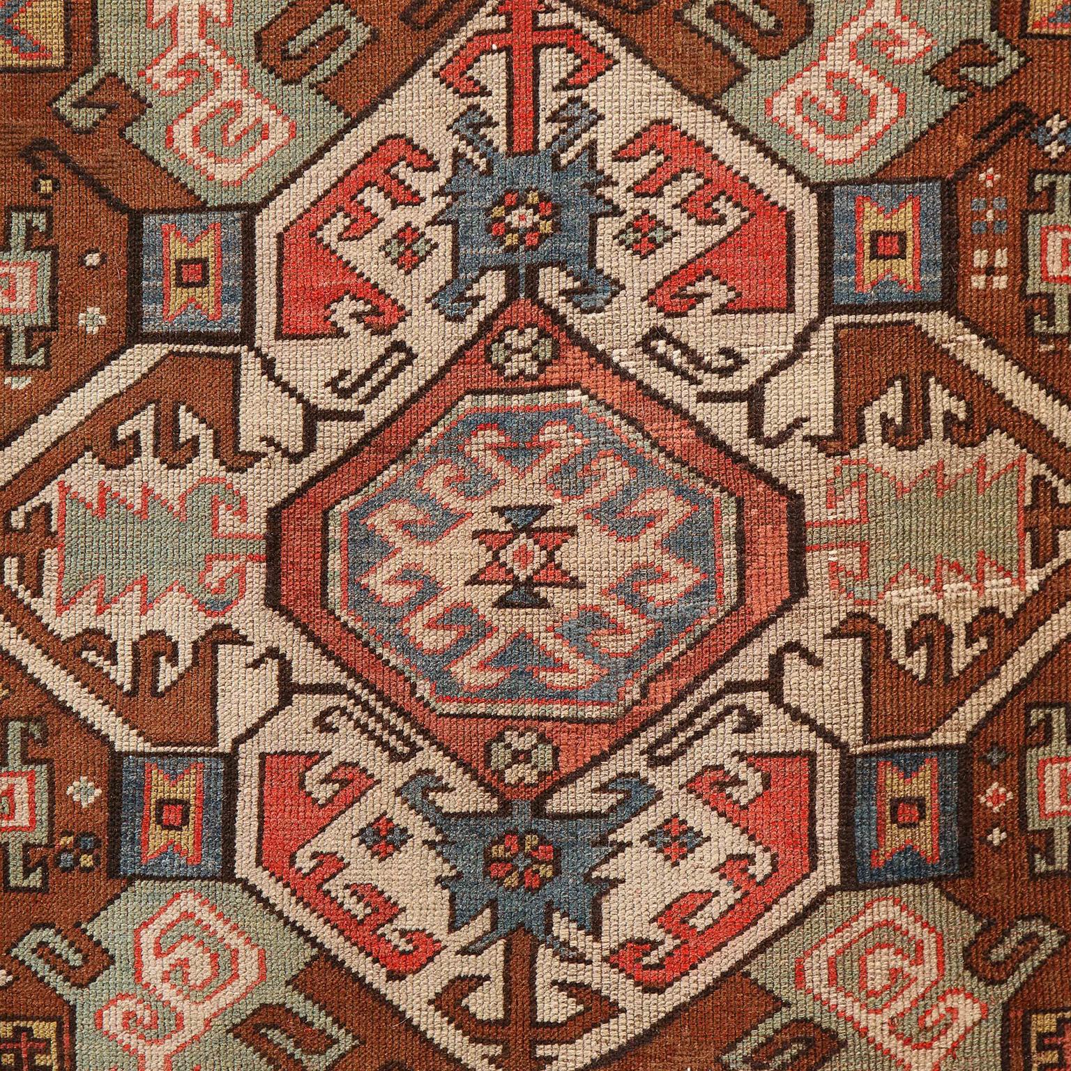 Vegetable Dyed Antique 1880s Caucasian Rug, Hand-knotted Wool, Blue, Green, Red, 4' x 6' For Sale