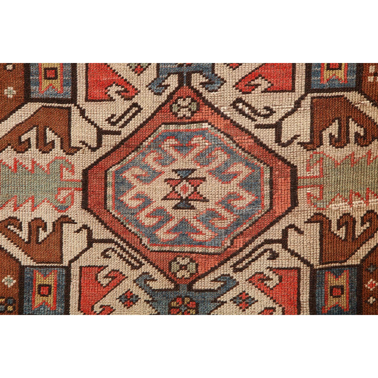 Antique 1880s Caucasian Rug, Hand-knotted Wool, Blue, Green, Red, 4' x 6' In Good Condition For Sale In New York, NY