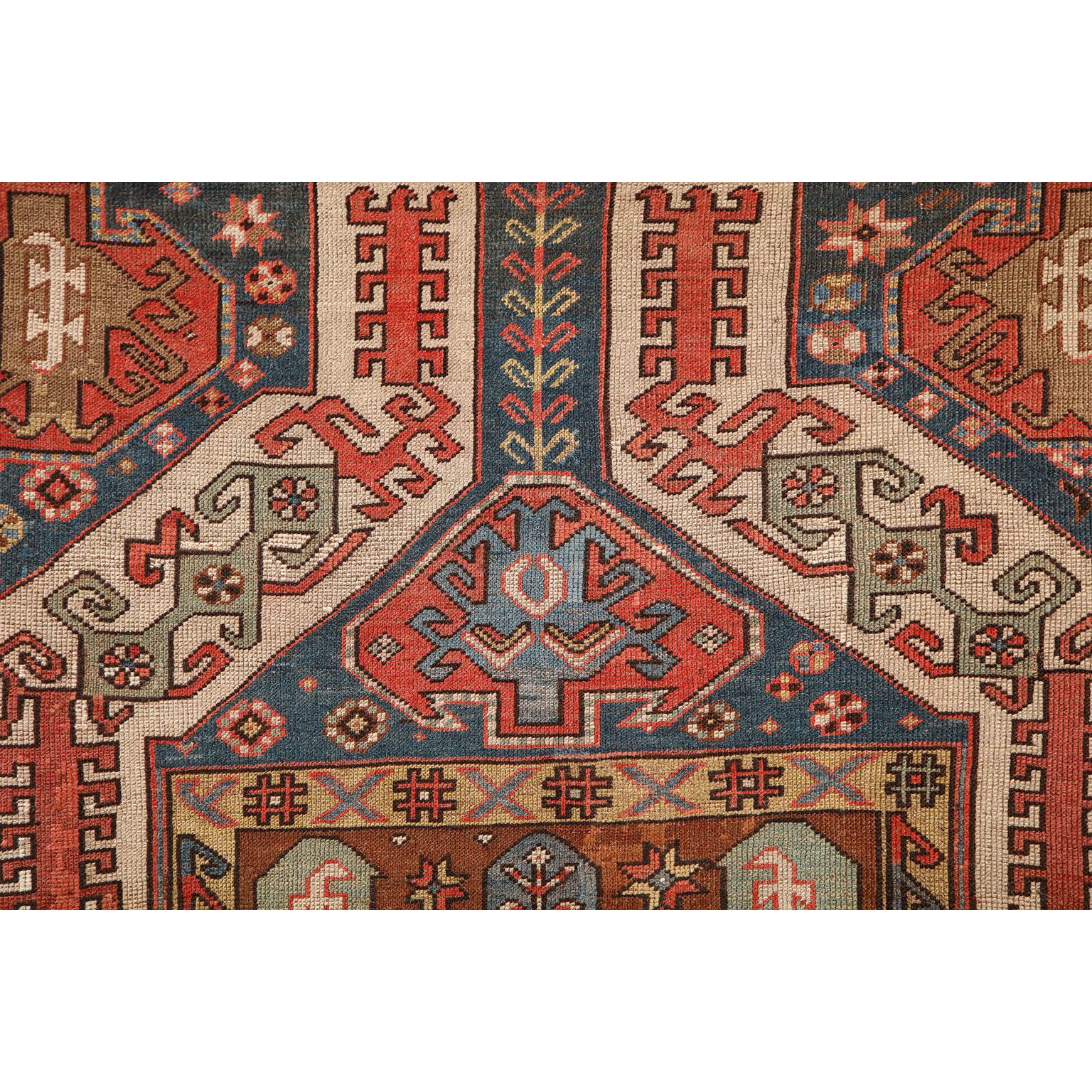 Late 19th Century Antique 1880s Caucasian Rug, Hand-knotted Wool, Blue, Green, Red, 4' x 6' For Sale