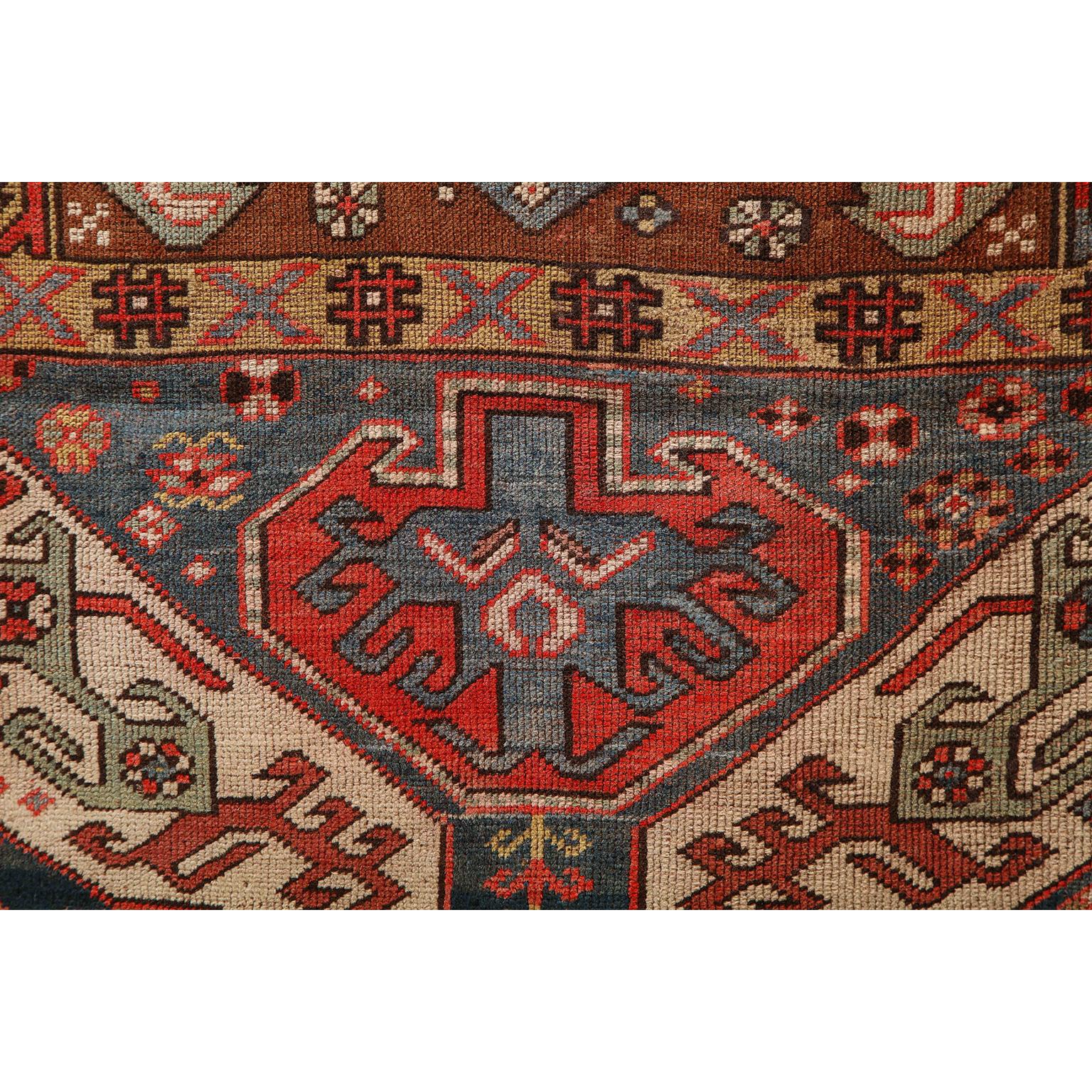 Antique 1880s Caucasian Rug, Hand-knotted Wool, Blue, Green, Red, 4' x 6' For Sale 1