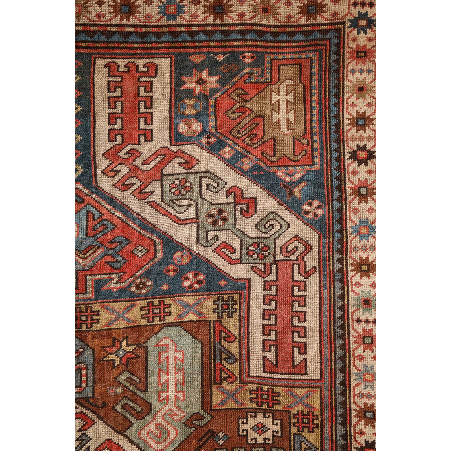 Antique 1880s Caucasian Rug, Hand-knotted Wool, Blue, Green, Red, 4' x 6' For Sale 2