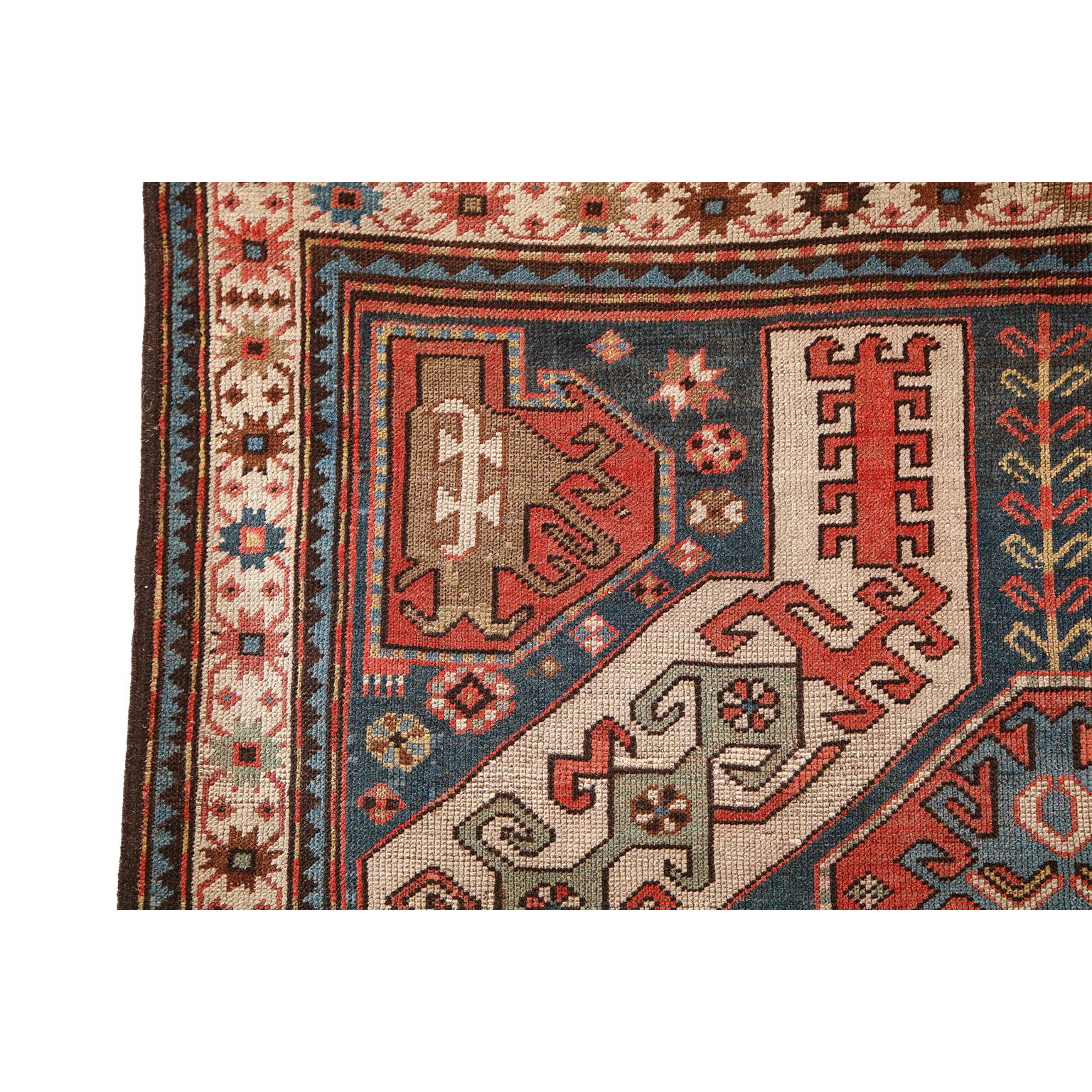 Antique 1880s Caucasian Rug, Hand-knotted Wool, Blue, Green, Red, 4' x 6' For Sale 3