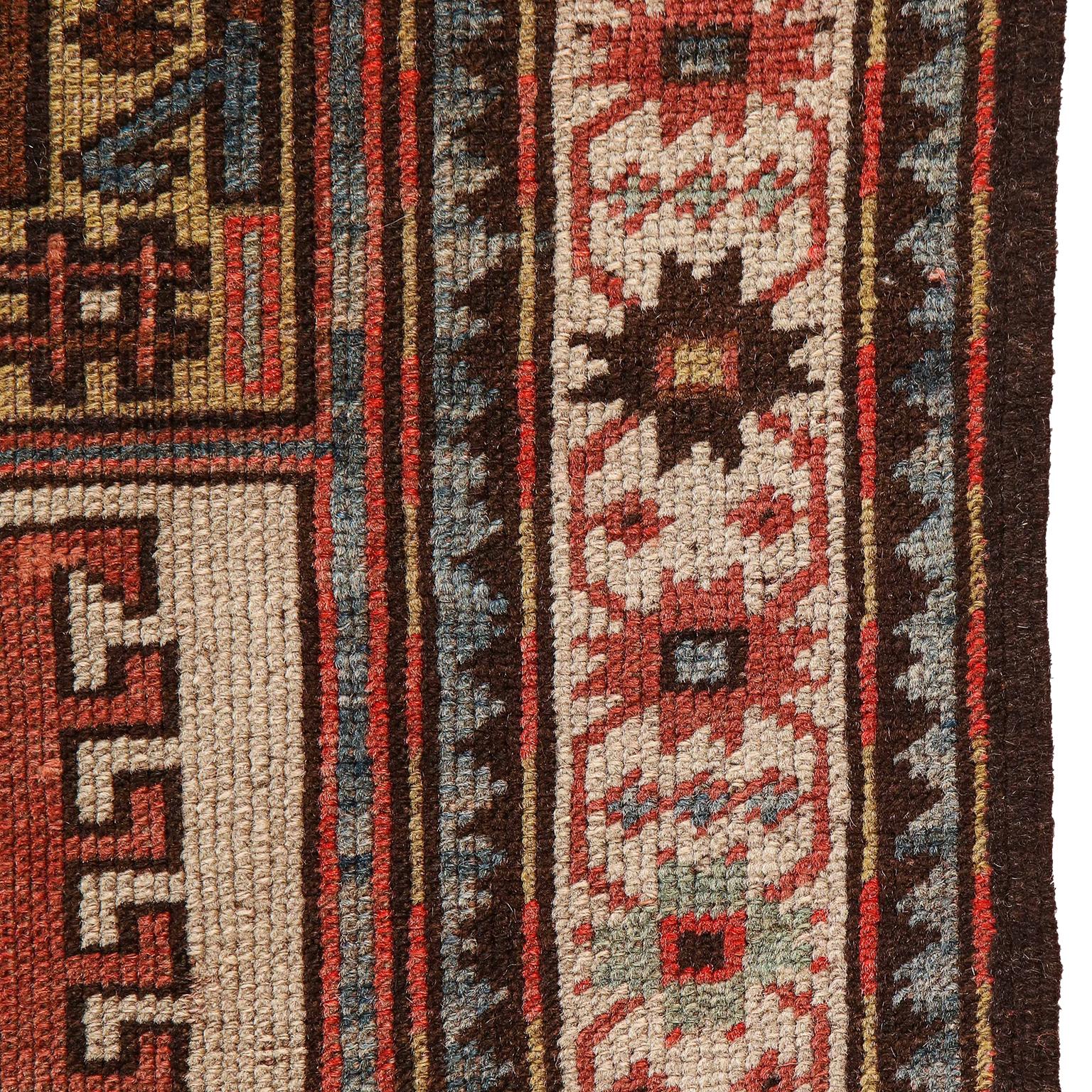 Antique 1880s Caucasian Rug, Hand-knotted Wool, Blue, Green, Red, 4' x 6' For Sale 4