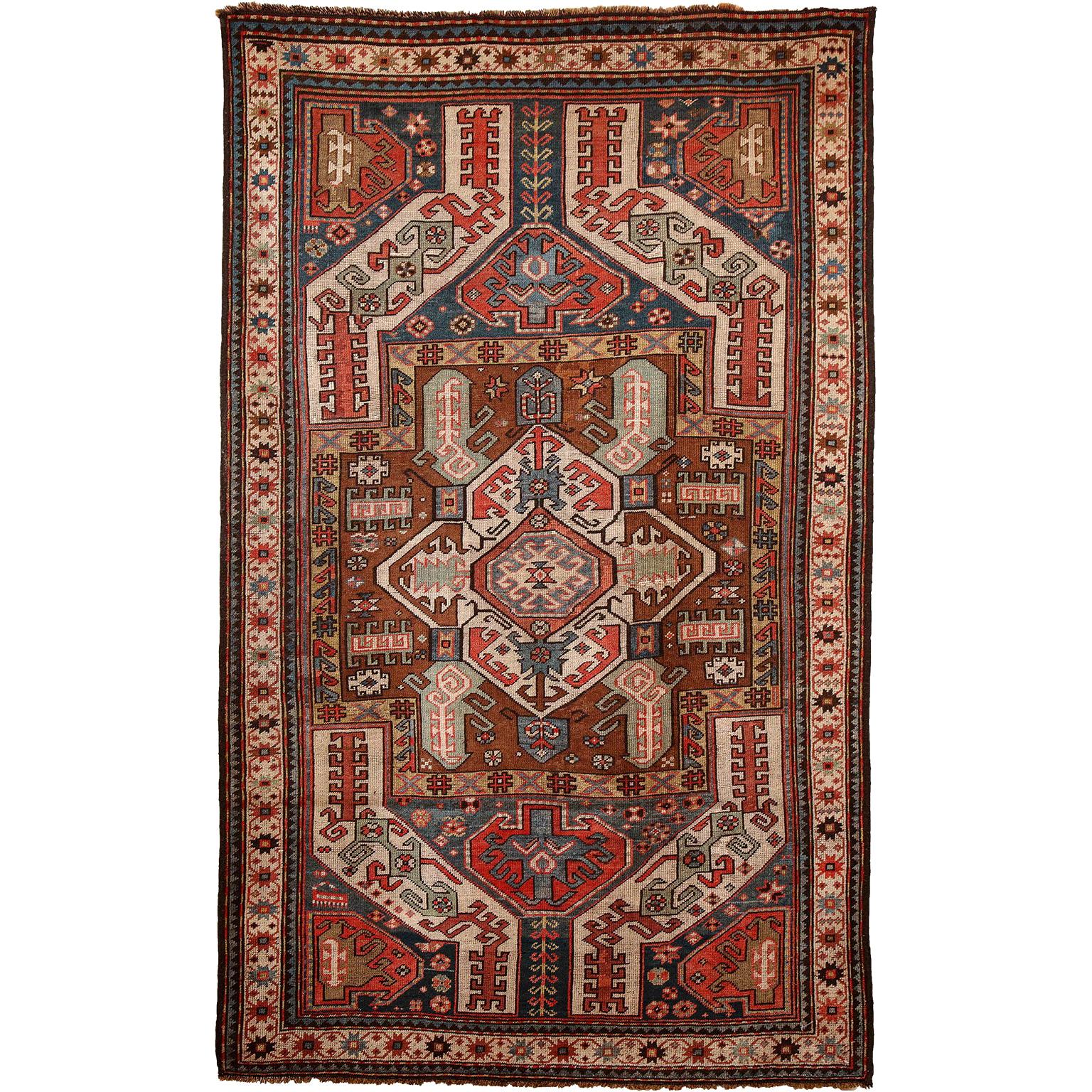 Antique 1880s Caucasian Rug, Hand-knotted Wool, Blue, Green, Red, 4' x 6'