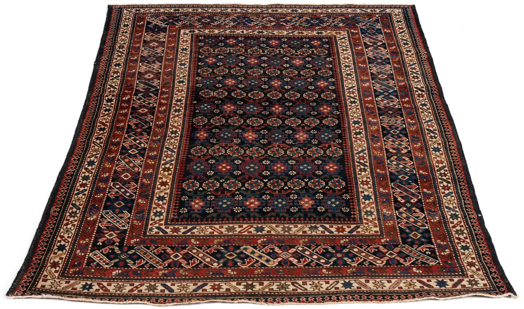 Hand-Knotted Antique Caucasian Chi-Chi Kuba Decorative Rug in Navy, Coral, Green and Yellow