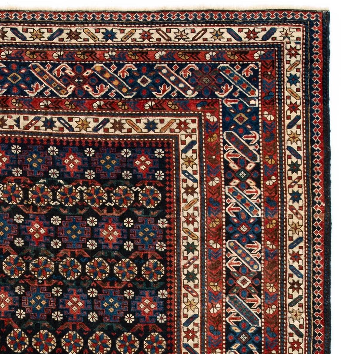 Antique Caucasian Chi-Chi Kuba Decorative Rug in Navy, Coral, Green and Yellow In Good Condition In Evanston, IL