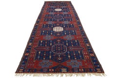 Antique Caucasian Dagestan Handmade Wool Runner In Blue Color With Tribal Motif