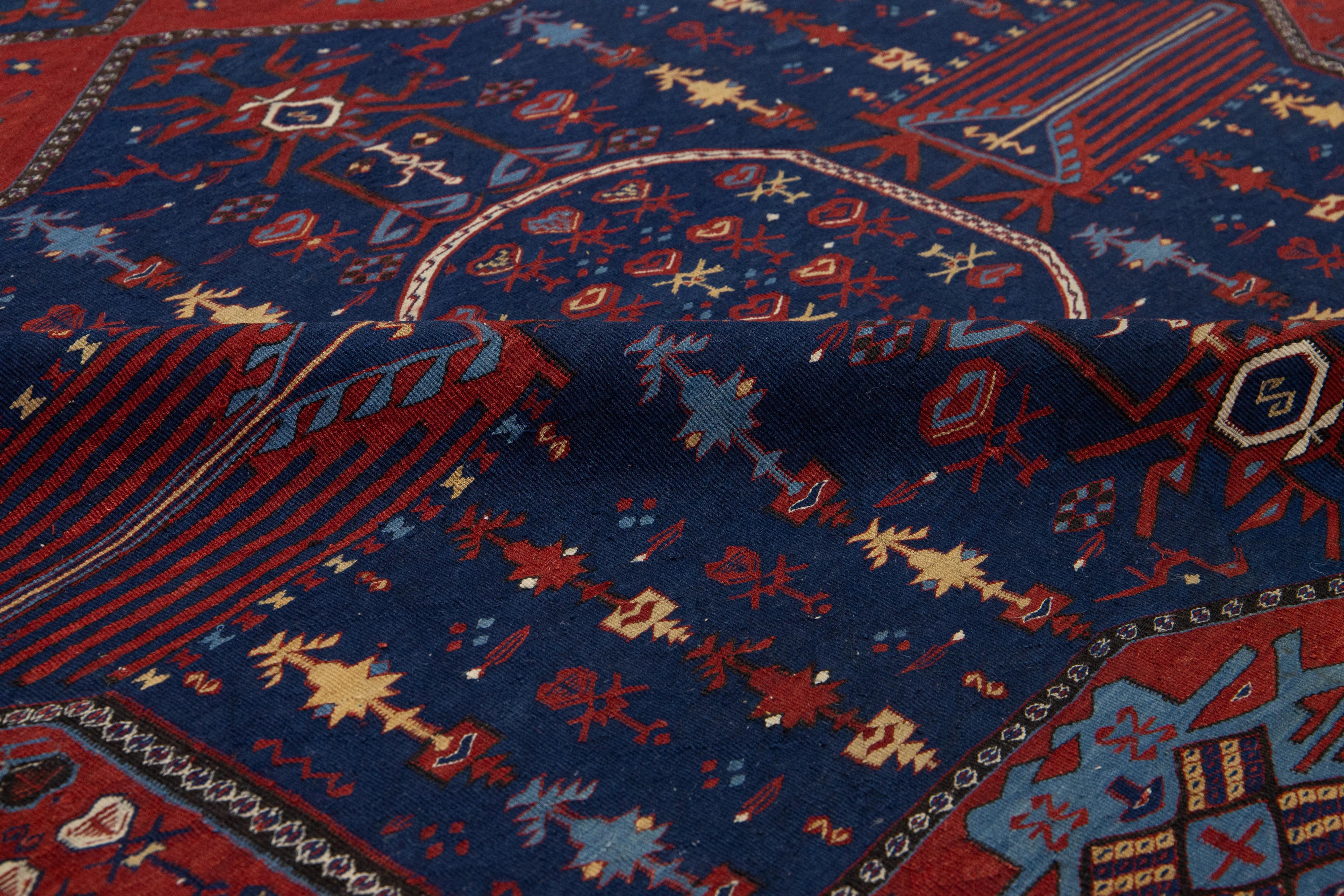 Islamic Antique Caucasian Dagestan Handmade Wool Runner In Blue Color With Tribal Motif For Sale